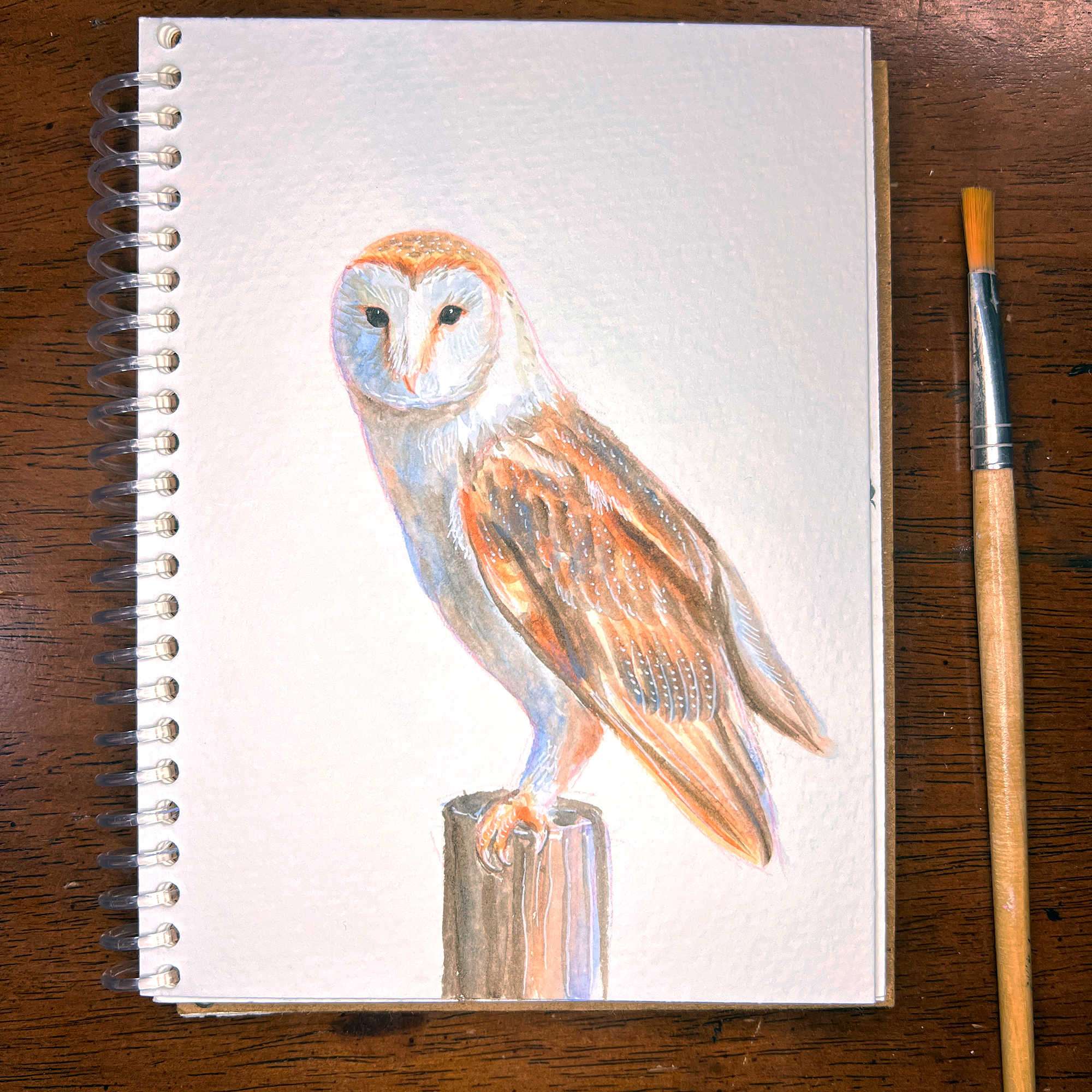 Sketchbook with barn owl painting and a paintbrush on a wood table.