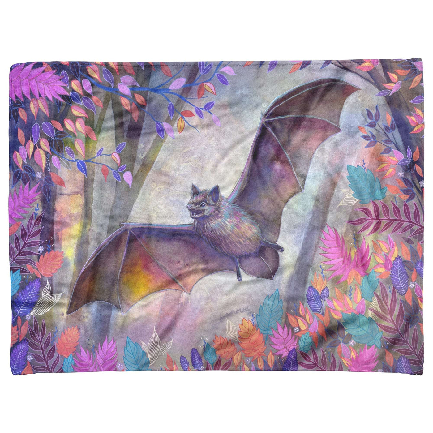 A Bat Blanket with an illustration of a bat with outstretched wings amid colorful, stylized foliage on a watercolor background.