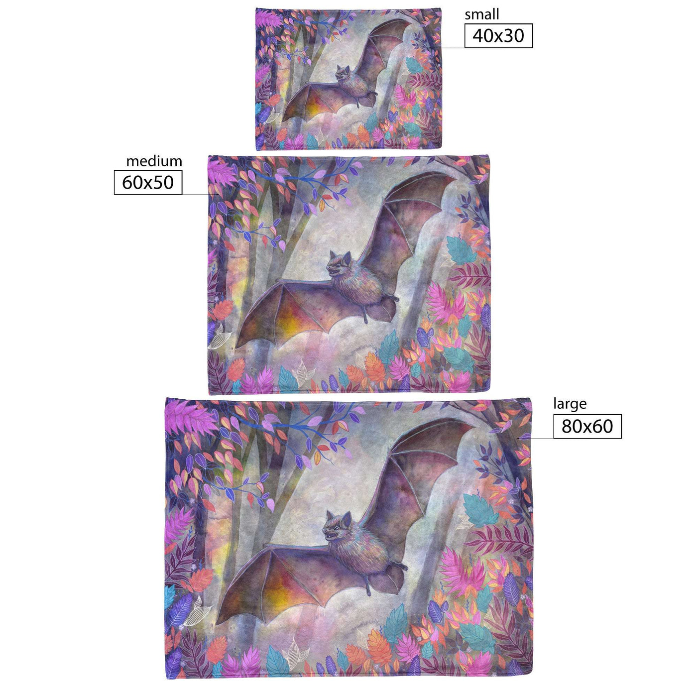 A size comparison of three bat blankets of different sizes depicting an artistic illustration of a bat among colorful foliage.