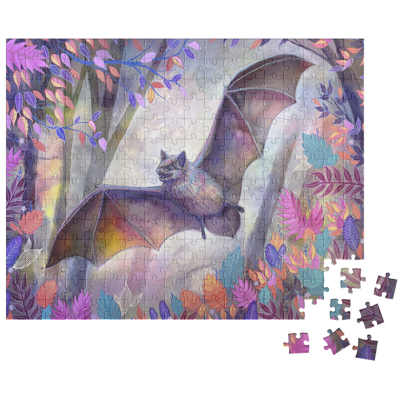 Bat Puzzle depicting a whimsical bat with floral and colorful background, partially assembled with loose pieces nearby.