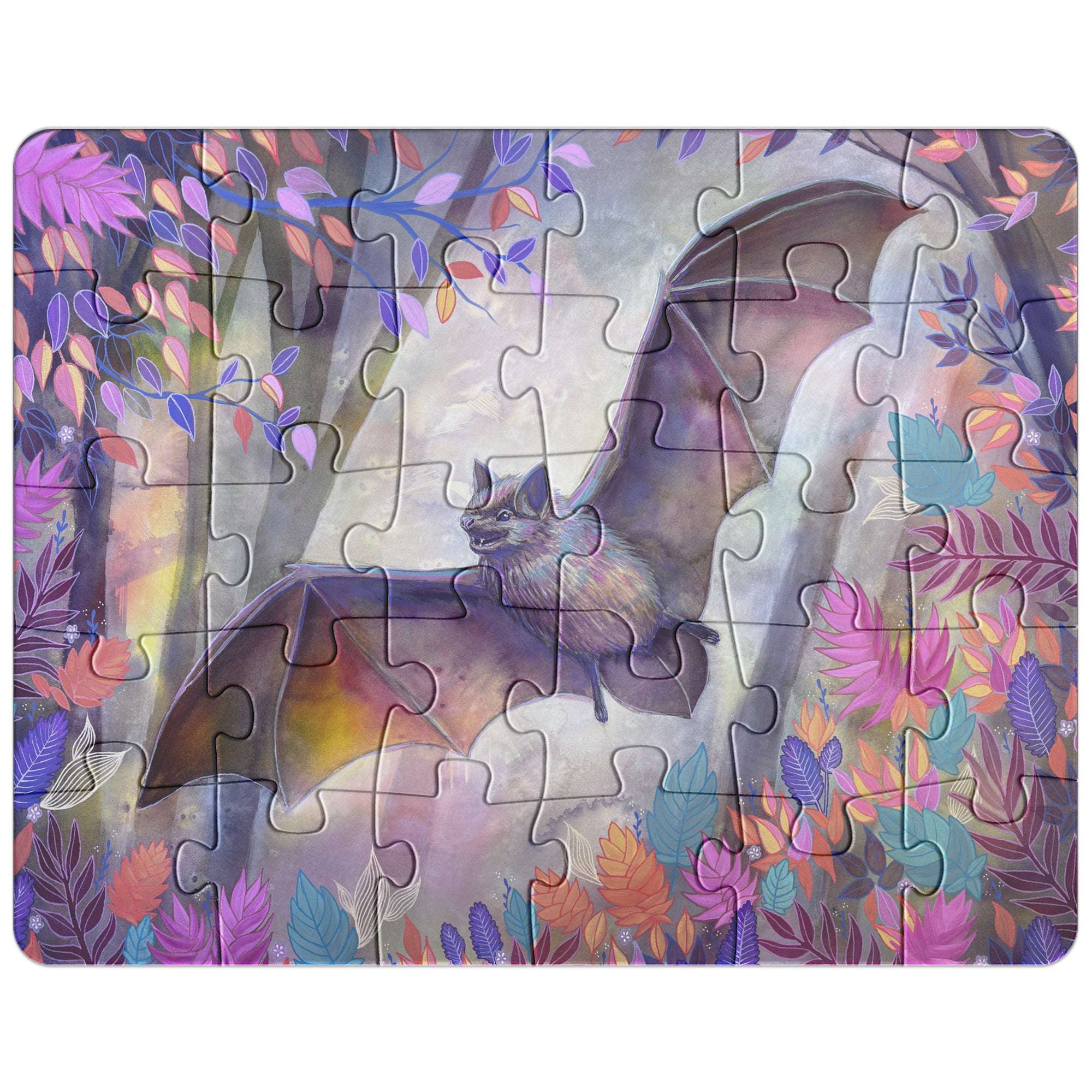 Assembled Bat Puzzle with a vibrant illustration of a bat flying among colorful, stylized leaves and flowers.