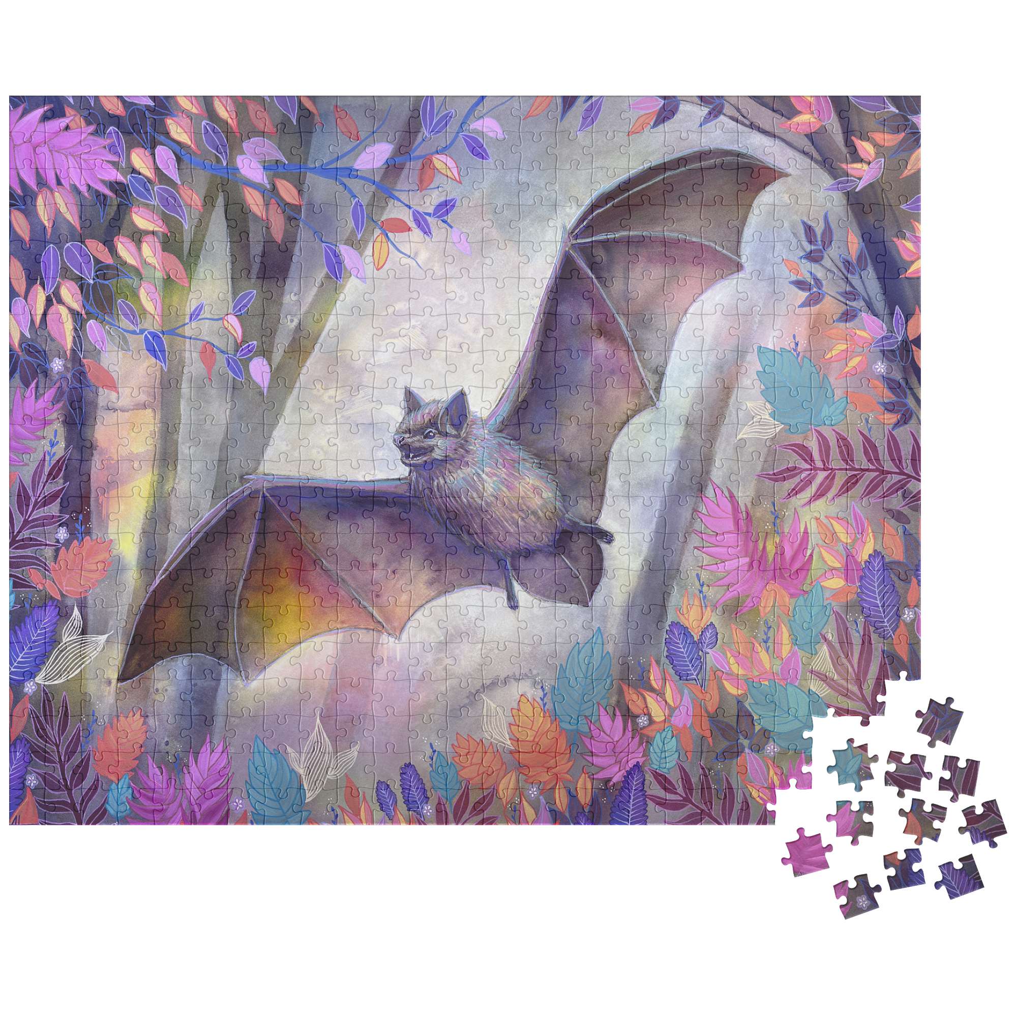 Bat Puzzle of a flying bat amid colorful foliage, partially completed with loose pieces nearby.