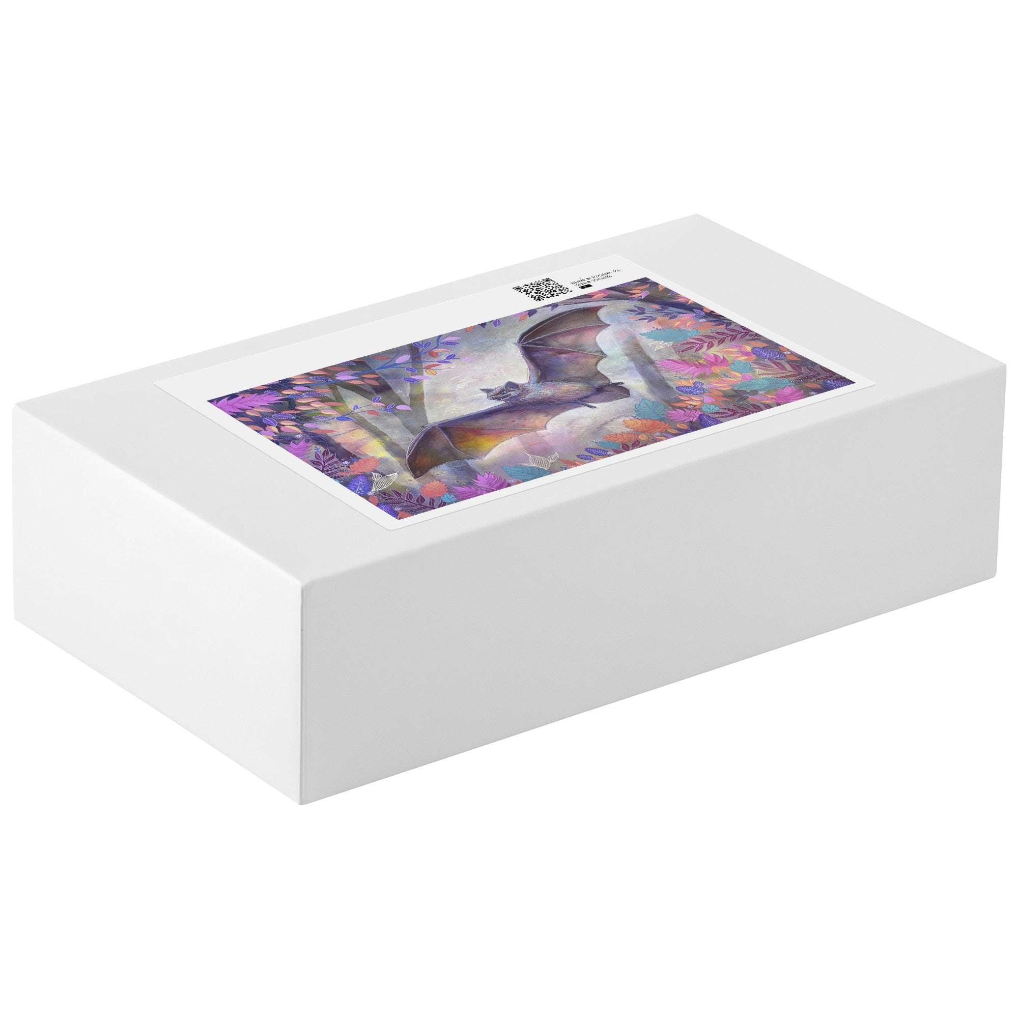 Rectangular plain white puzzle box with a large sticker on the lid displaying colorful abstract bat art on a plain background.