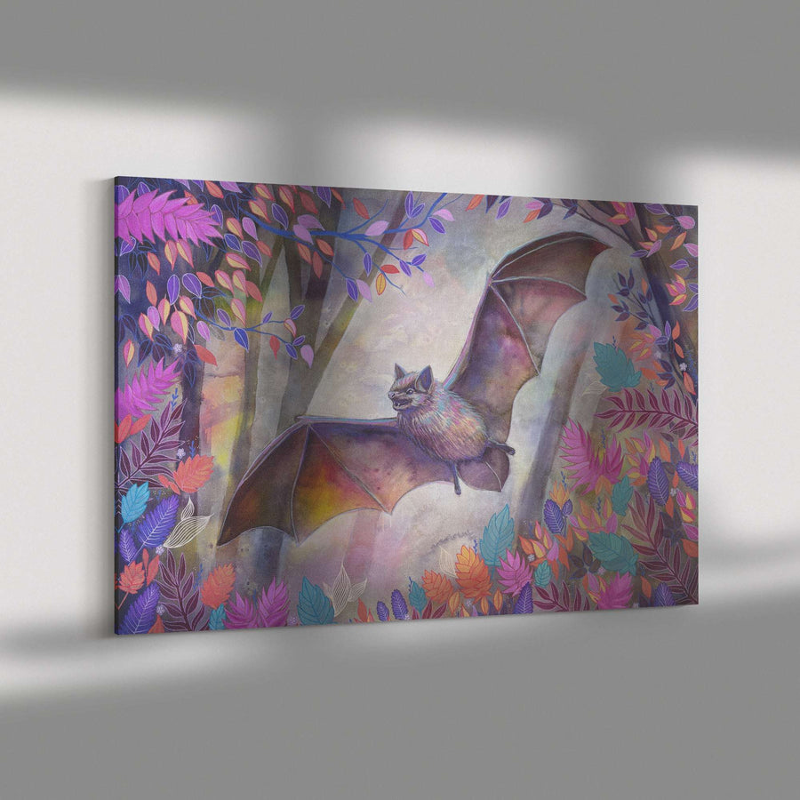 Colorful illustration of a Canvas Bat Print amid vibrant leaves on a canvas, displayed on a gray wall with a projecting shadow.