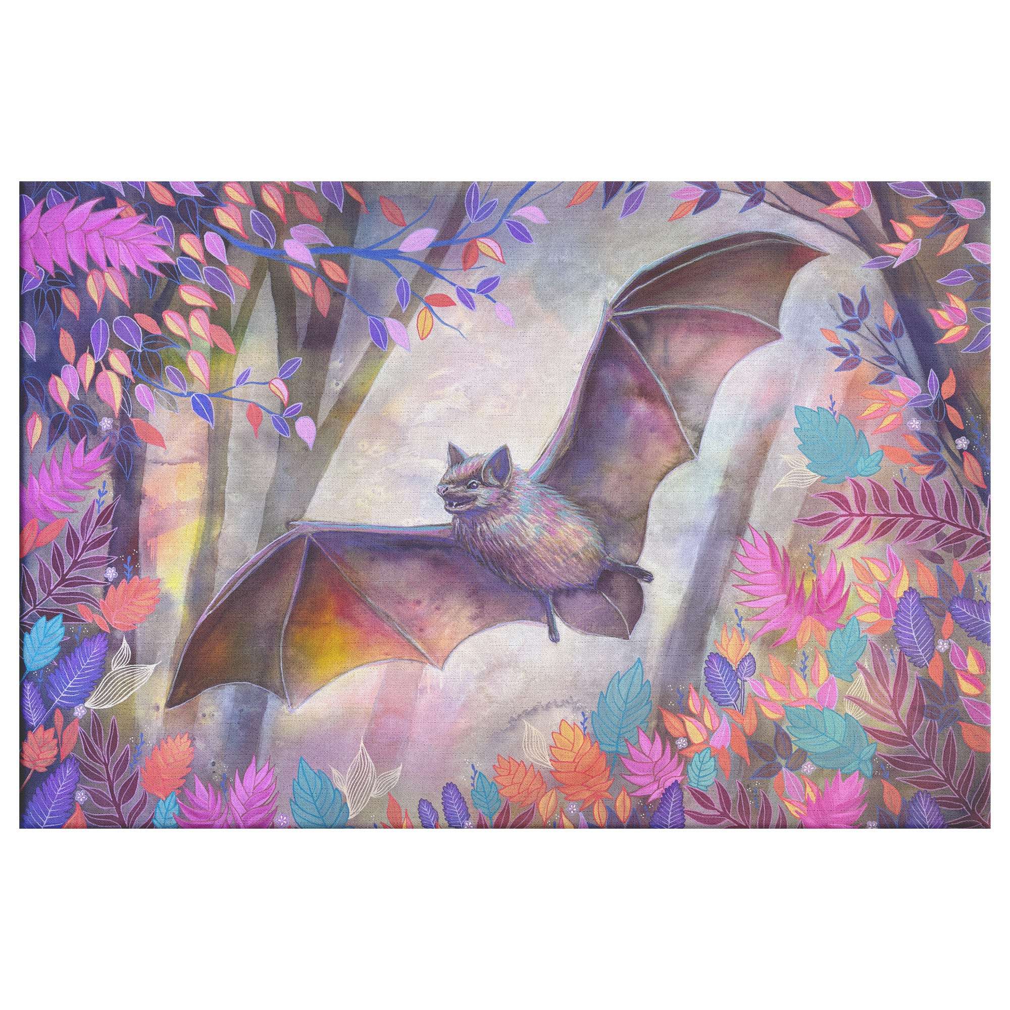 A Canvas Bat Print with spread wings flying among colorful foliage and trees, featuring a soft, pastel color palette.