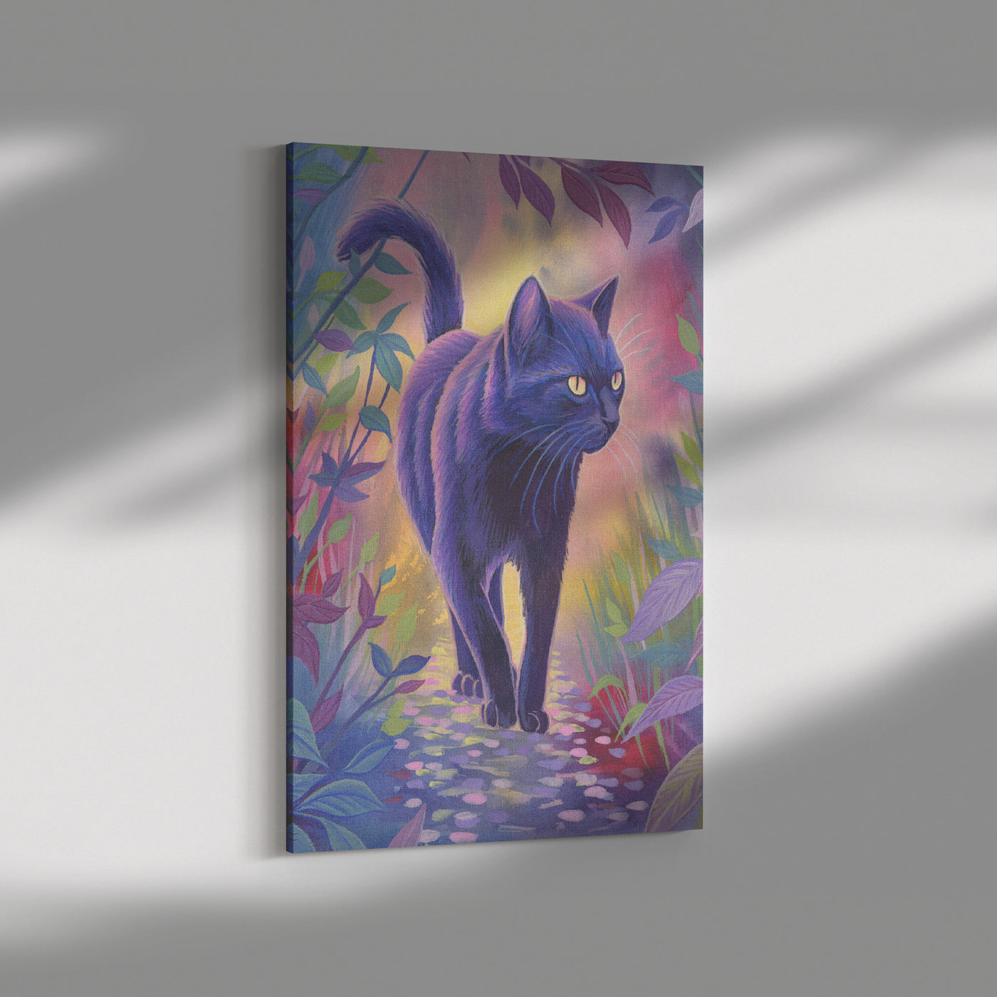 Canvas Art Print of a black cat walking on a cobblestone path surrounded by colorful, lush foliage, with light casting shadows and highlights on its fur.