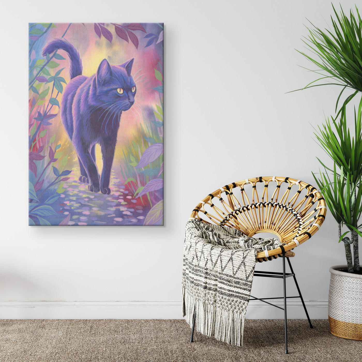 Colorful Canvas Art Print of a dark gray cat walking through a vibrant, stylized garden, displayed on a white wall next to a modern chair with a woven blanket.