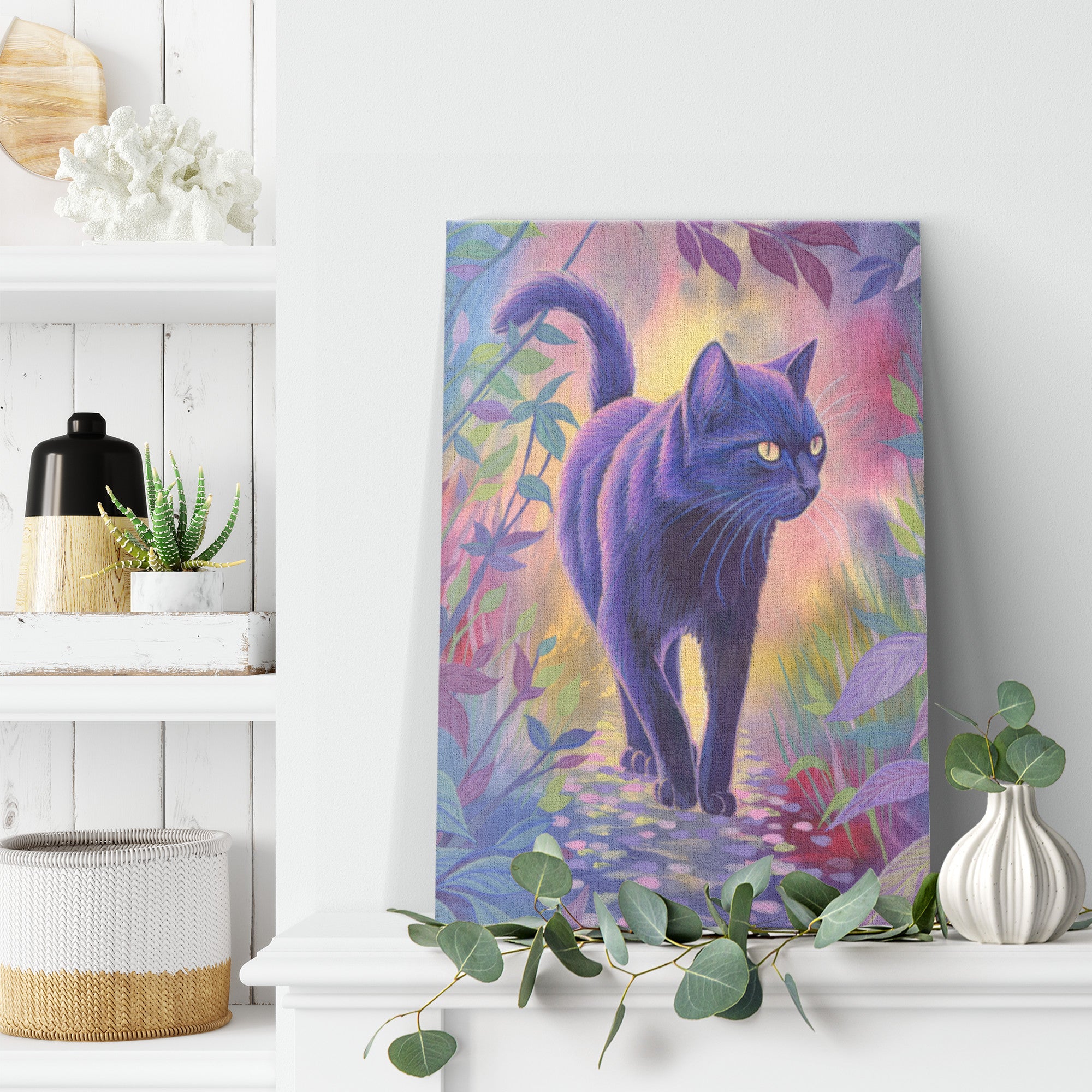A Canvas art Print of a blue cat with glowing yellow eyes, poised on a colorful, leaf-strewn path, displayed on a shelf with plants and decor.