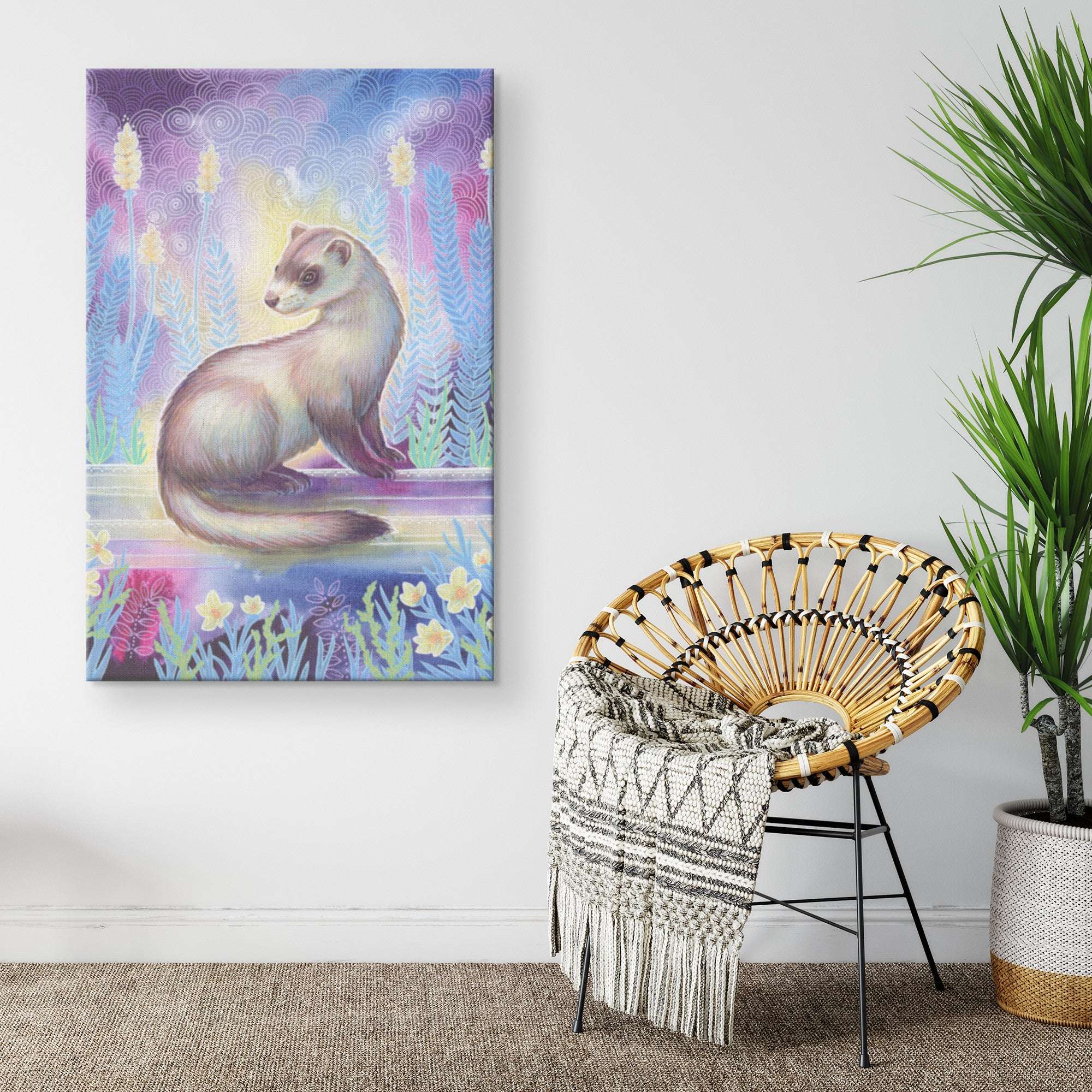 A vibrant painting of a ferret on a Canvas Print hanging on a wall beside a wicker chair with a cozy blanket, all against a white wall and wooden floor.