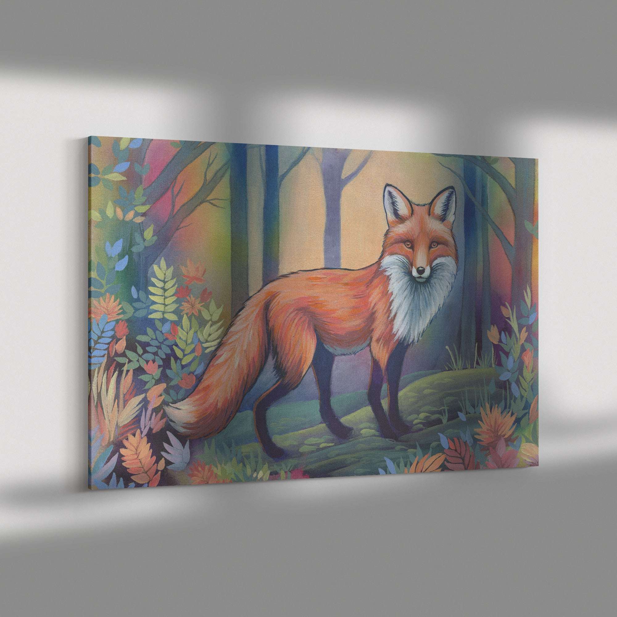 Colorful Canvas Art Print of a fox standing in a vibrant forest, displayed on a gray wall.