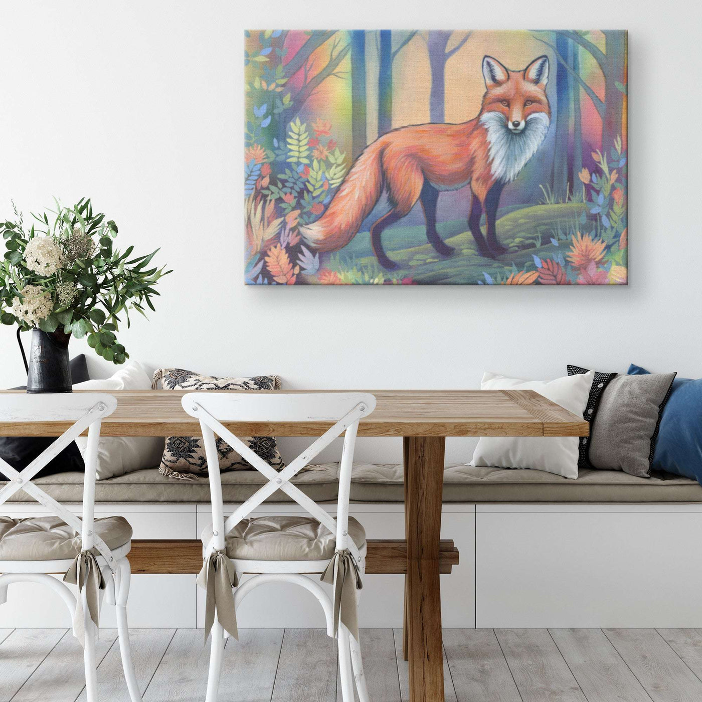 A Canvas Art Print of a fox in a colorful forest hangs above a wooden table in a modern living room with white chairs and a sofa.