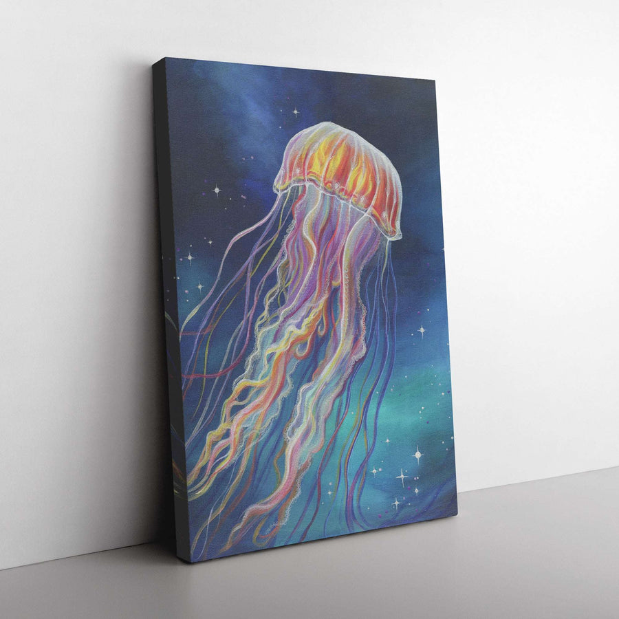A Canvas Art Print of a colorful jellyfish with vivid, flowing tentacles set against a deep blue starry background, displayed on a white wall.
