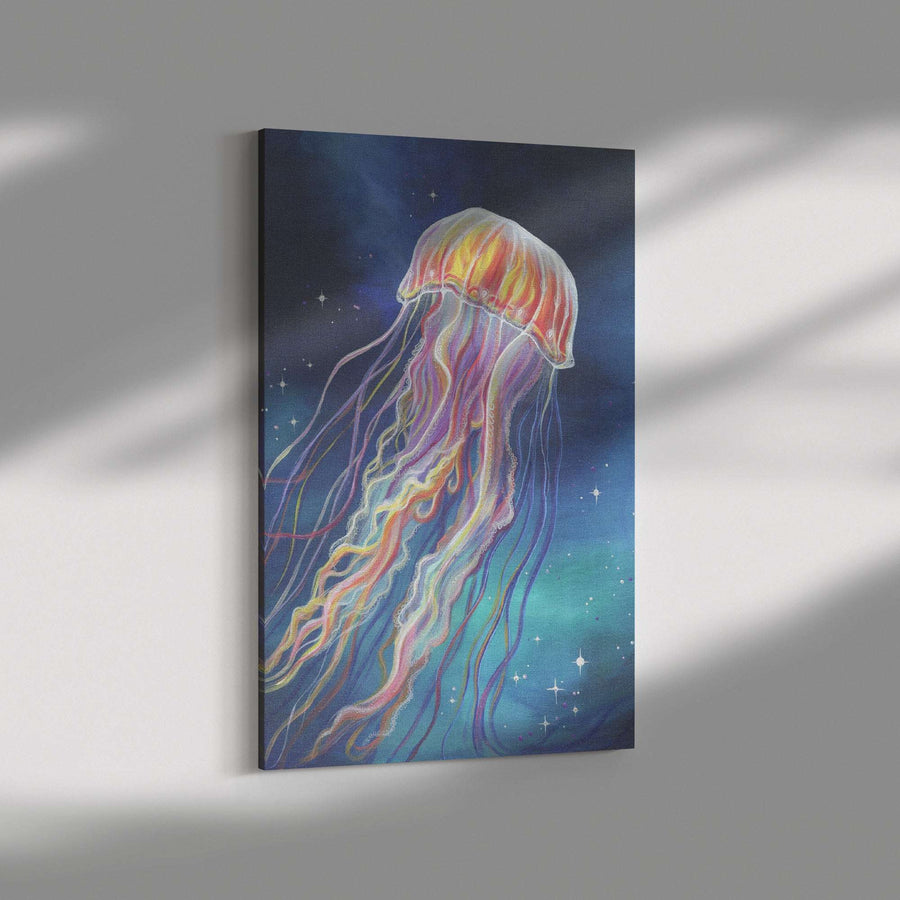 A Canvas Art Print of a jellyfish with bright tentacles, set against a starry sky background, displayed on a gallery wall with dramatic lighting.