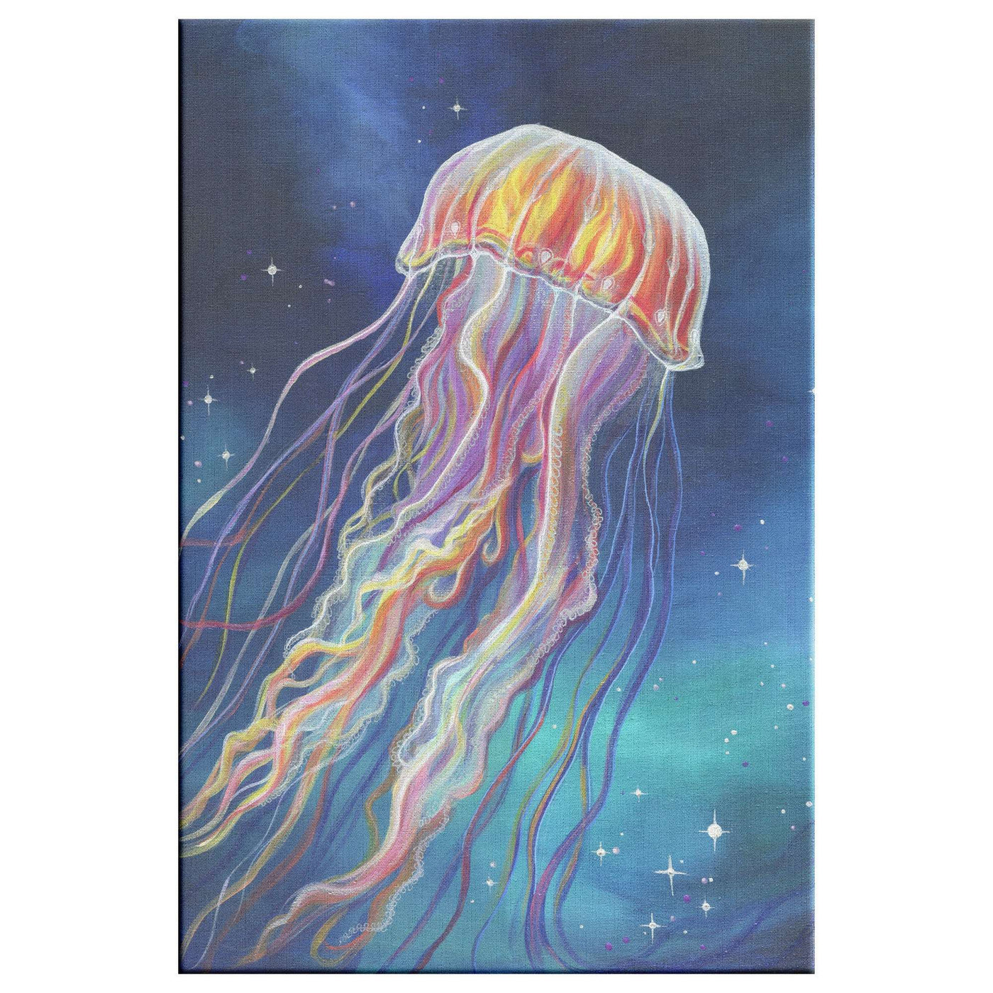 A vibrant Jellyfish Canvas Print with long, flowing tentacles against a dark blue background dotted with stars.