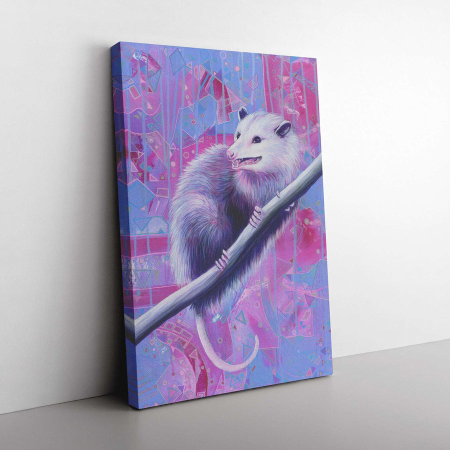 Vibrant Opossum Canvas Print of a stylized opossum gripping a branch, set against a colorful geometric and cosmic background.