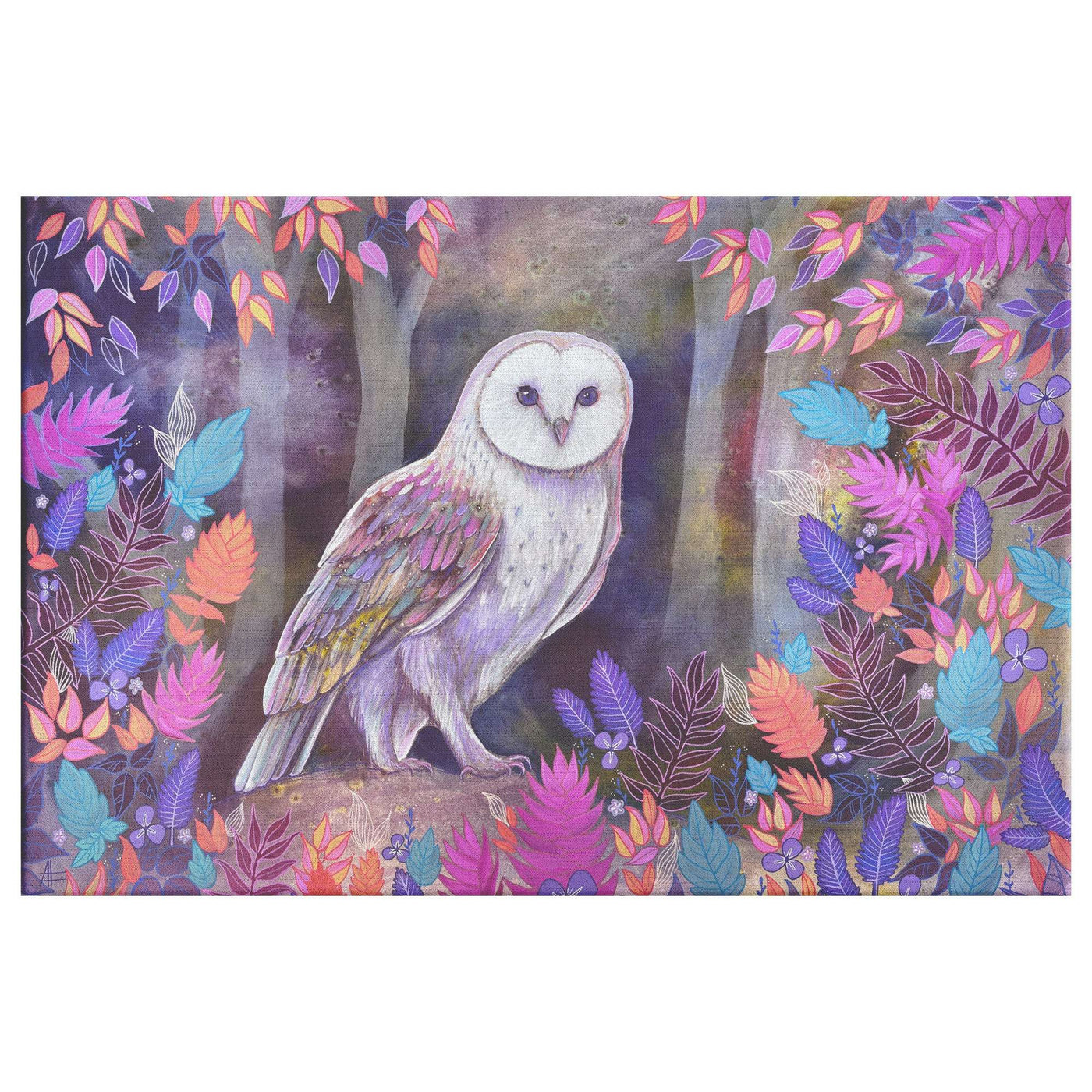 A canvas print of a painting of a white owl perched amid vibrant, multi-colored foliage with a purple and brown textured background.