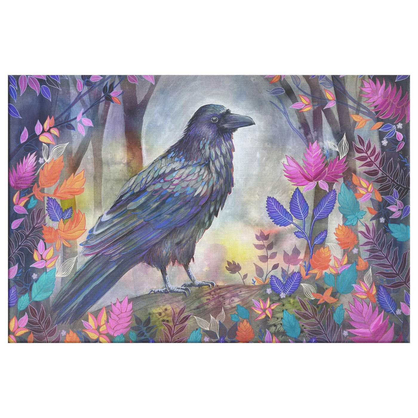A vivid illustration of a Raven standing on a branch in a mystical forest with colorful, stylized leaves and a soft, glowing background.