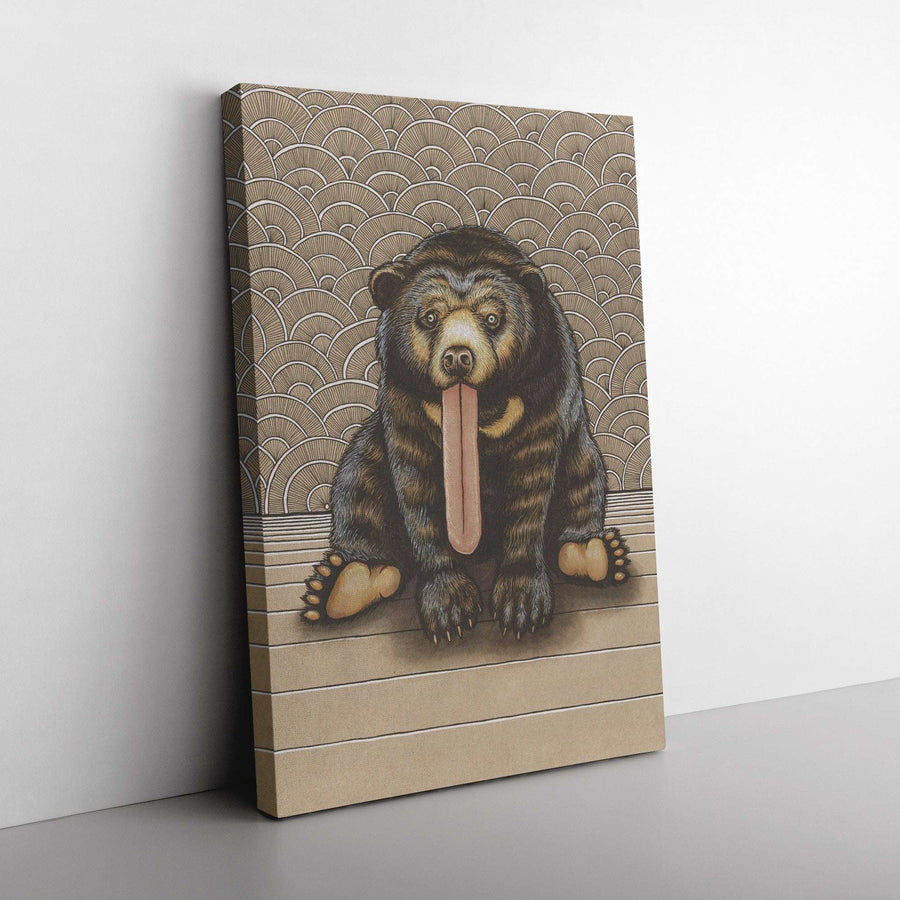 Canvas Sun Bear Print featuring a stylized illustration of a bear with an exaggerated long tongue, sitting against a patterned background.