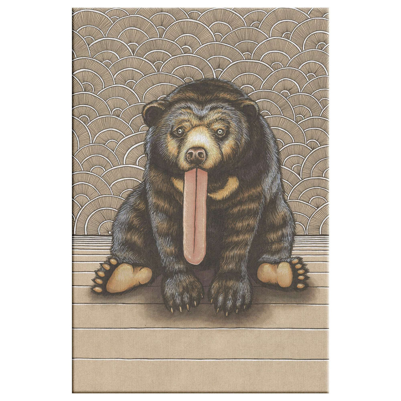A Canvas Art Print of a sun bear sticking out it's tongue and sitting on the ground, set against a patterned background of wave-like shapes.