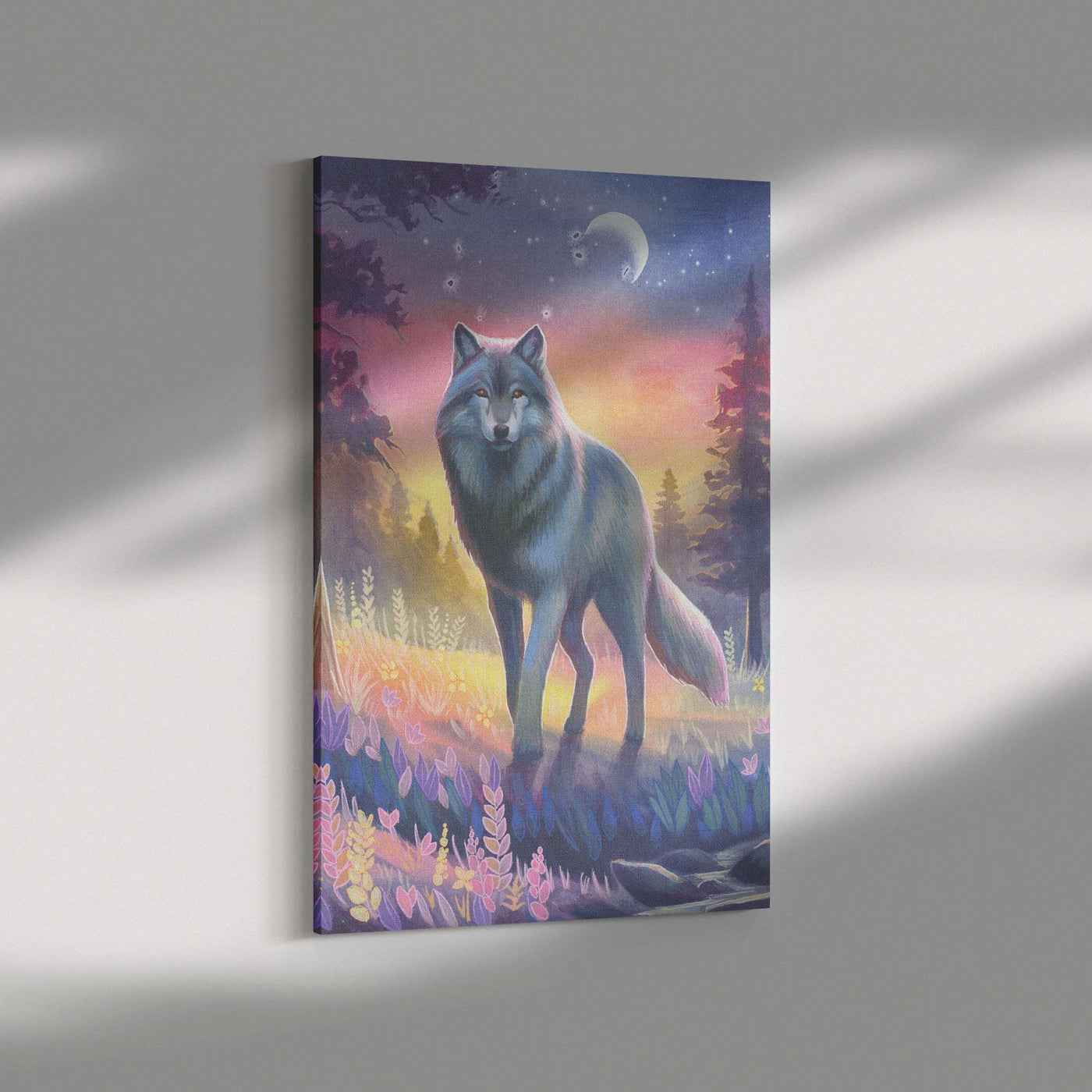 Canvas Wolf Art Print of a wolf standing in a mystical forest under a moonlit sky with vibrant purple and orange hues.
