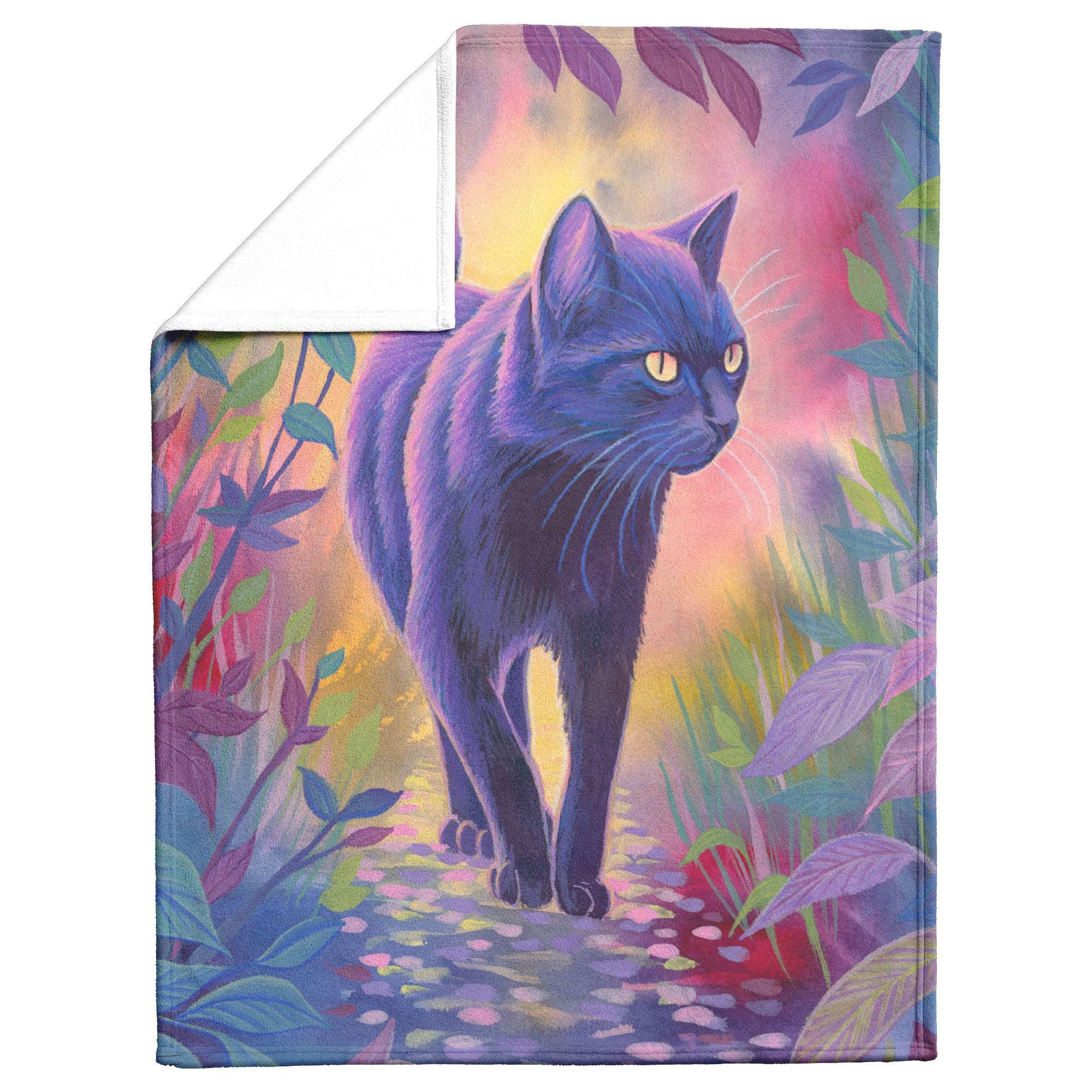 Cat blanket with a vibrant painting of a black cat walking on a cobblestone path surrounded by colorful foliage.