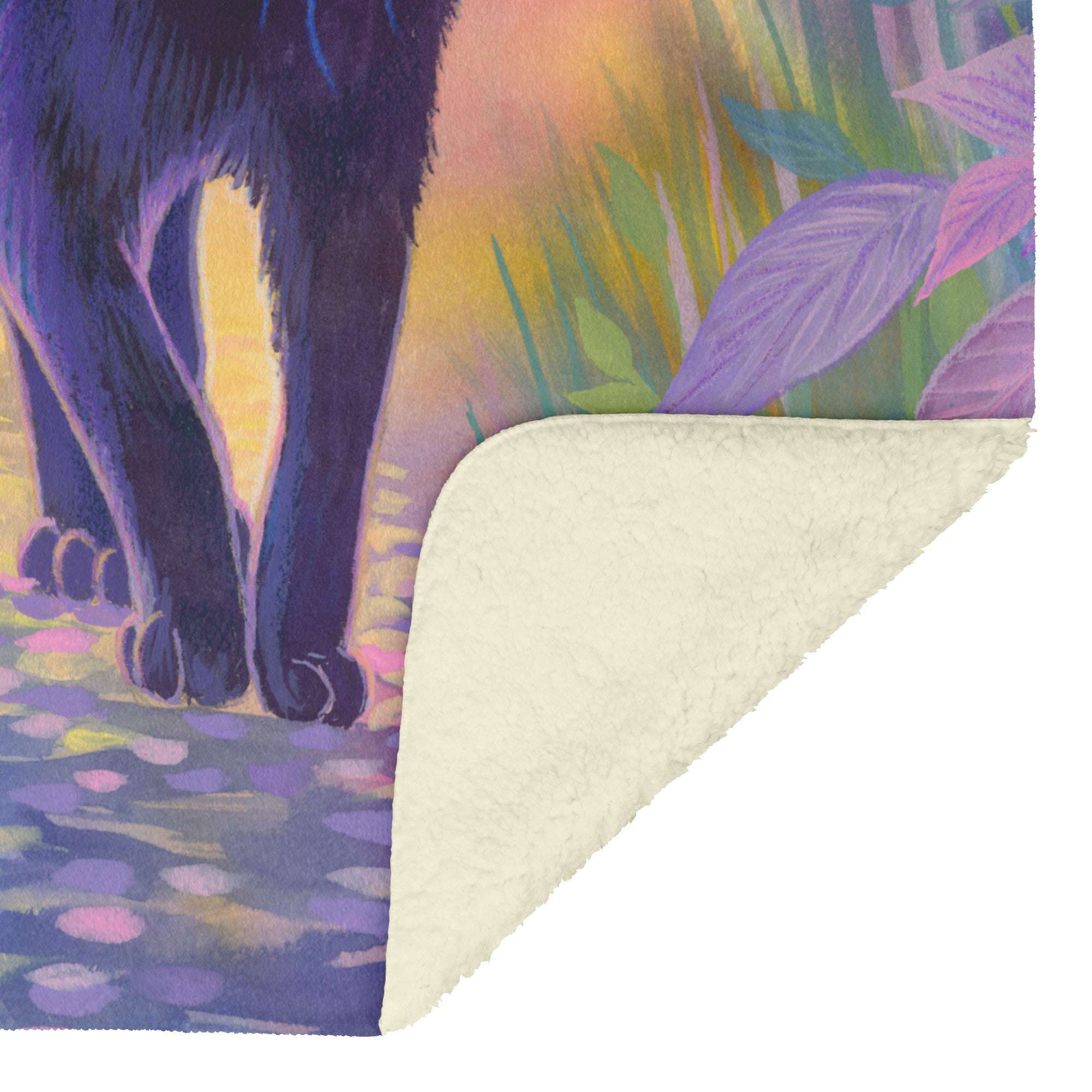Illustration of a black cat walking on a stone path with colorful foliage in the background, showing the sherpa fleece underside of the Cat Blanket