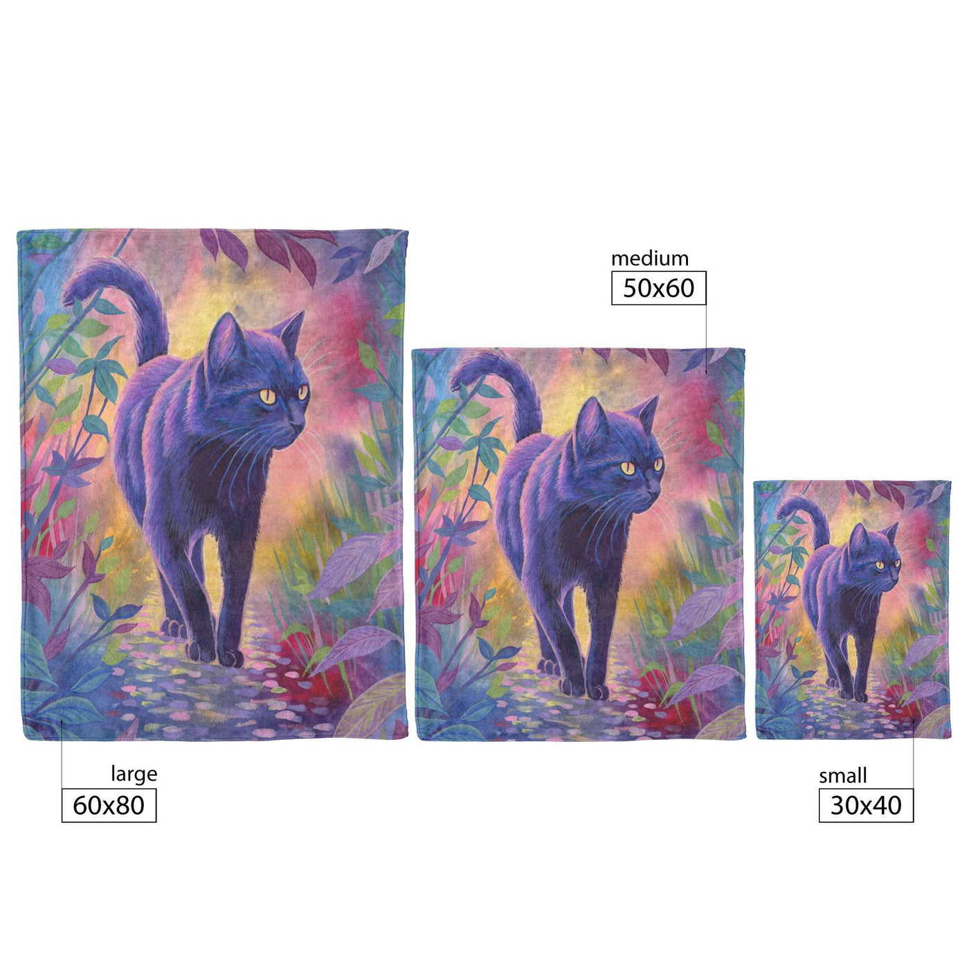 Three images of a Cat Blanket with a black cat walking through a colorful, leafy landscape in different sizes: large, medium, and small.