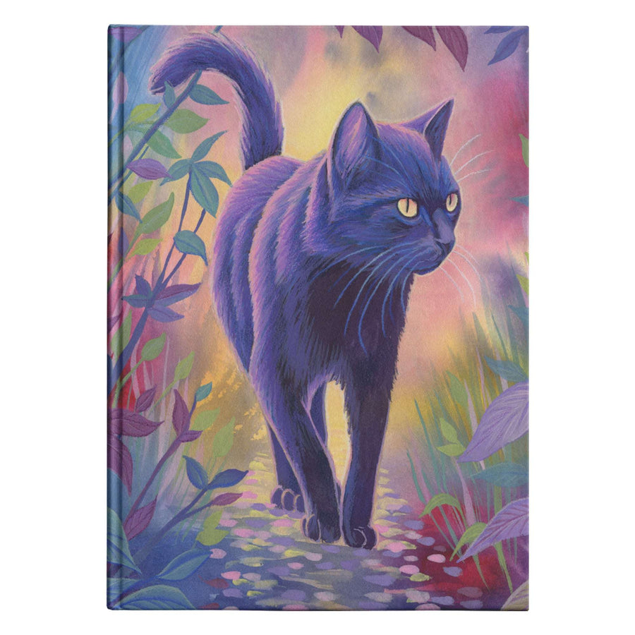 Cat Journal with a Vivid painting of a black cat walking on a colorful mosaic path surrounded by lush, multicolored plants.