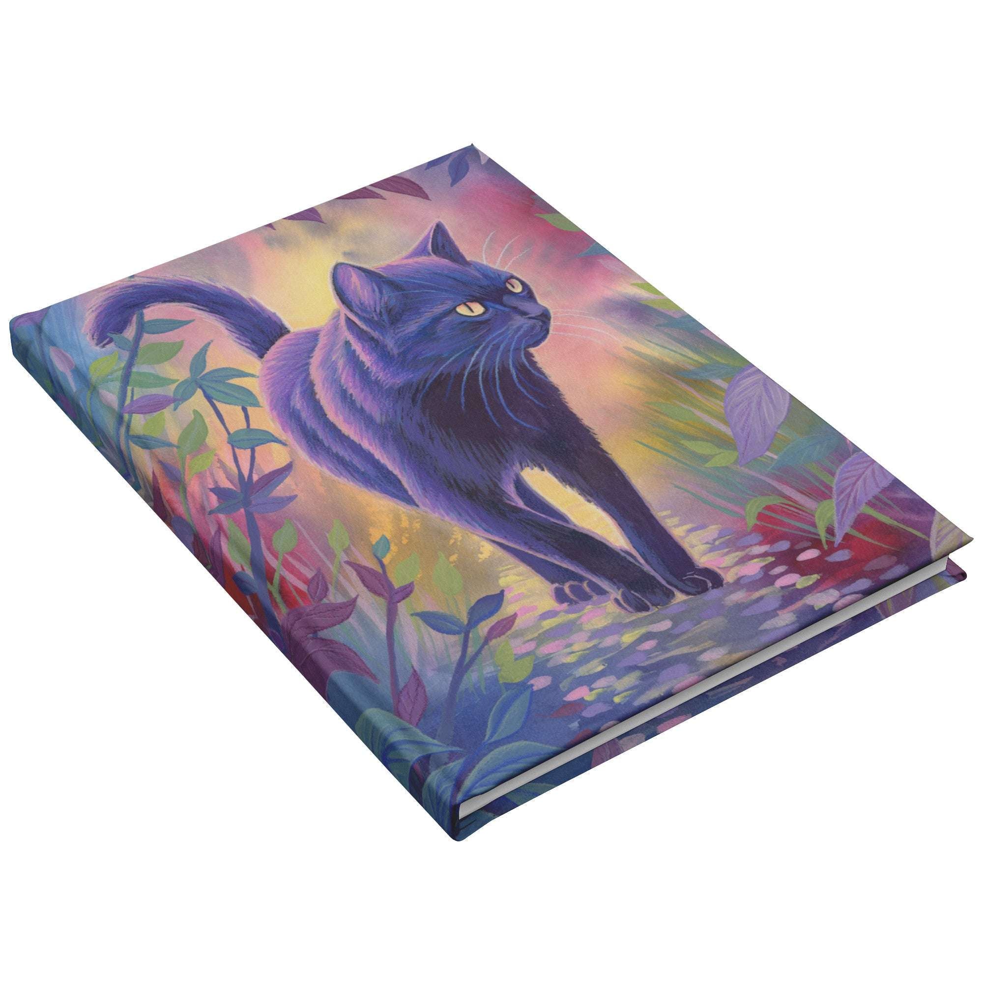 A Cat Journal with a colorful illustration of a black cat among multi-colored foliage on the cover.