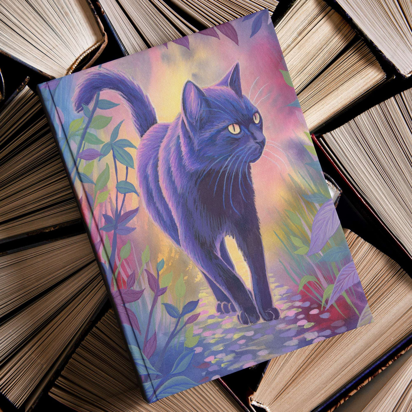 A colorful illustrated Cat Journal featuring a majestic black cat walking amidst foliage, placed on a stack of books.