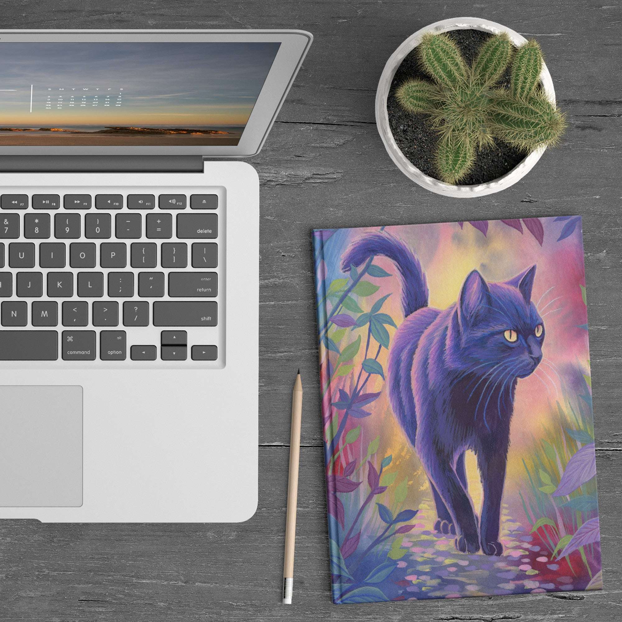 A laptop, pencil, and a colorful Black Cat Journal beside a cactus on a wooden desk.