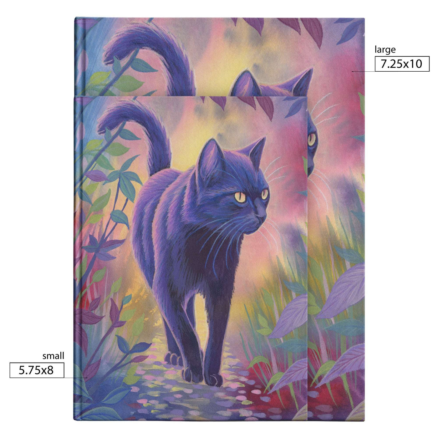 Two sizes of a Cat Journal, with a painting of a black cat walking through a colorful, abstract garden.