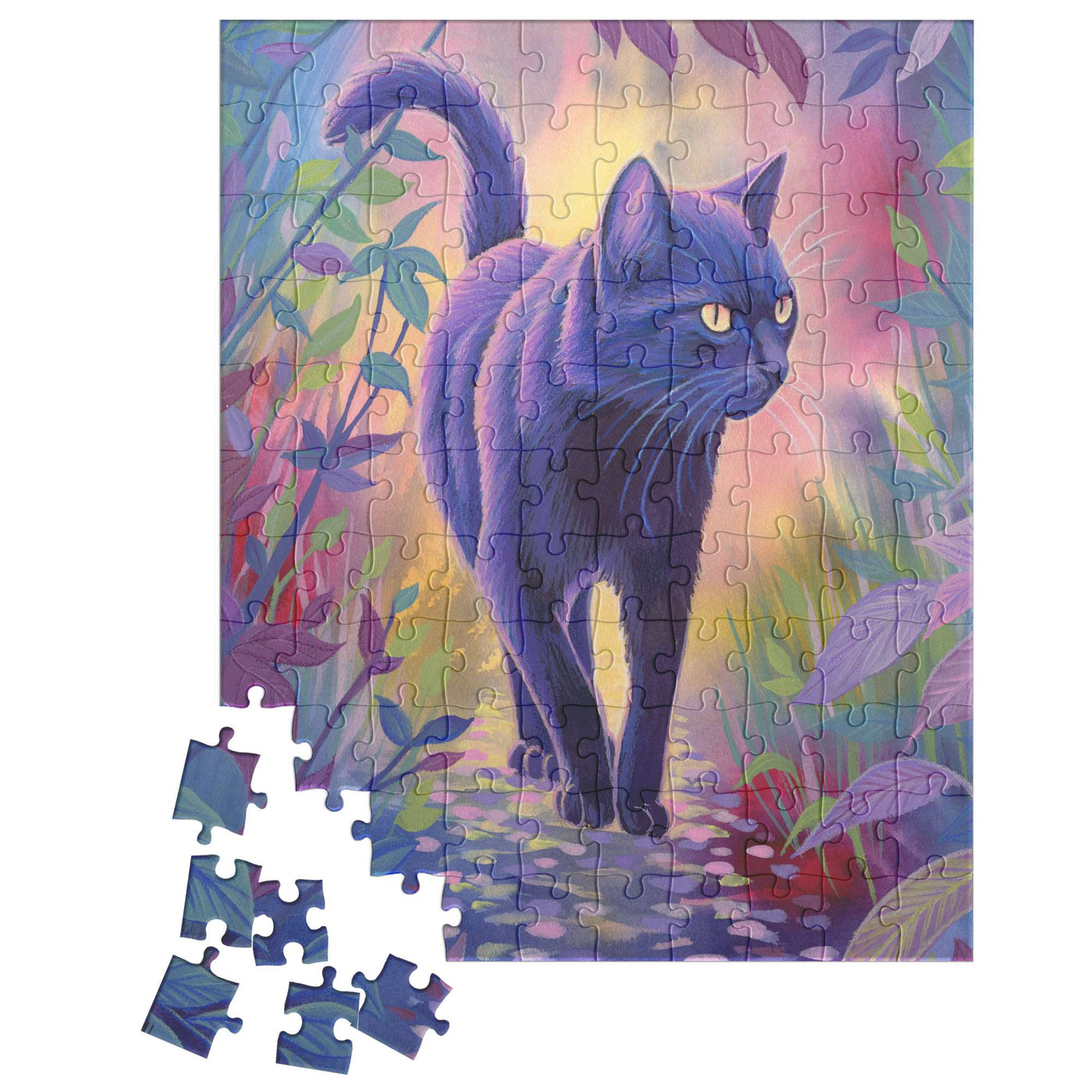 Cat Puzzle featuring an illustration of a black cat walking along a stone path surrounded by foliage, with puzzle pieces.