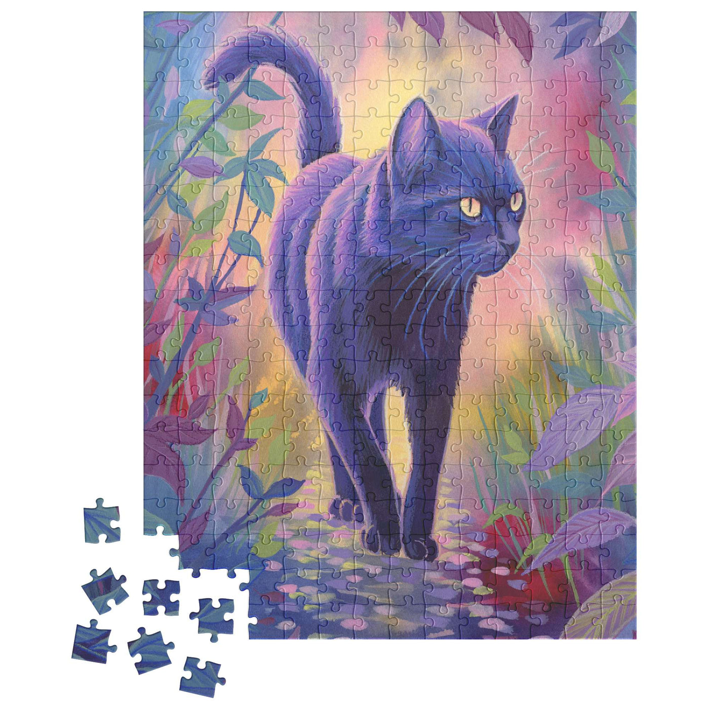 A Cat Puzzle depicting a black cat walking on a stone path surrounded by plants, with some pieces detached at the bottom left corner.