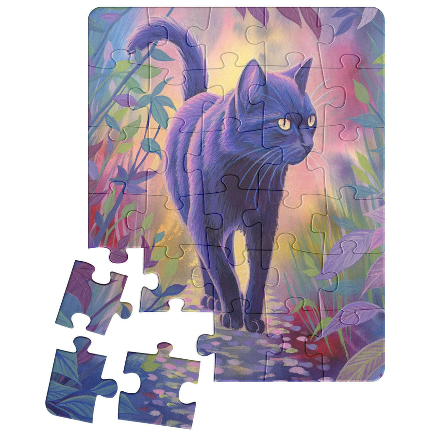 A Cat Puzzle depicting a black cat walking through a colorful garden with a few pieces detached at the bottom.