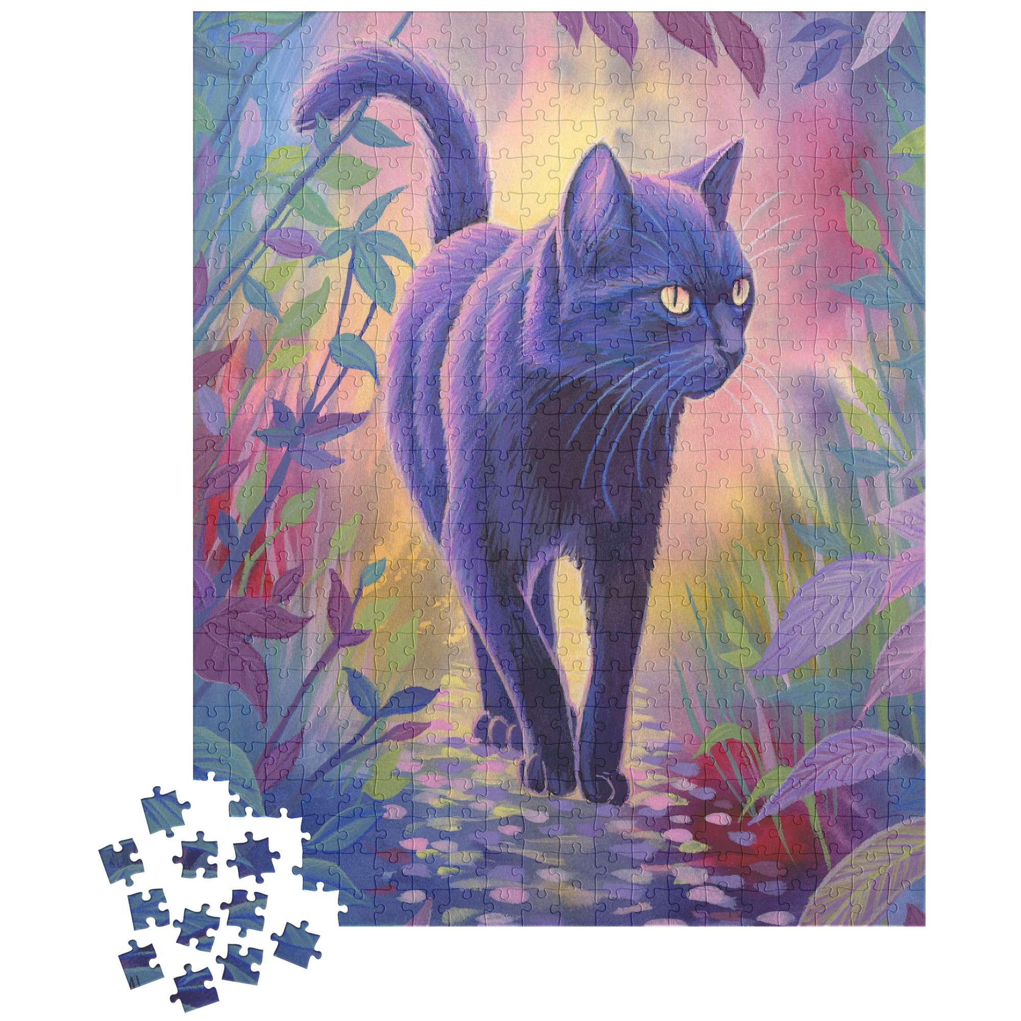 A Cat Puzzle of a black cat walking on a colorful stone path, surrounded by vibrant plants, with puzzle pieces scattered in the corner.