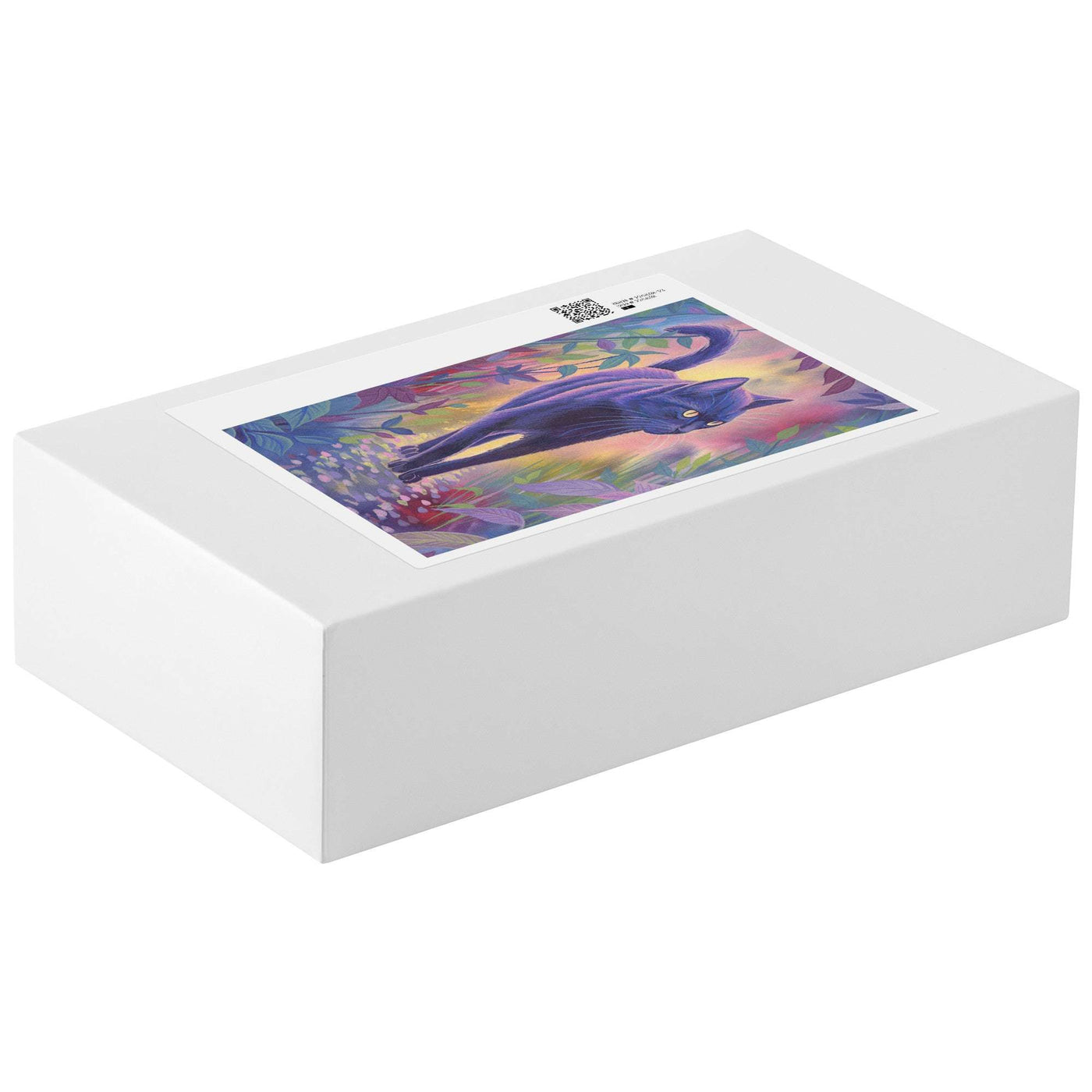 White box containing a cat puzzle with a colorful black cat painting on top.
