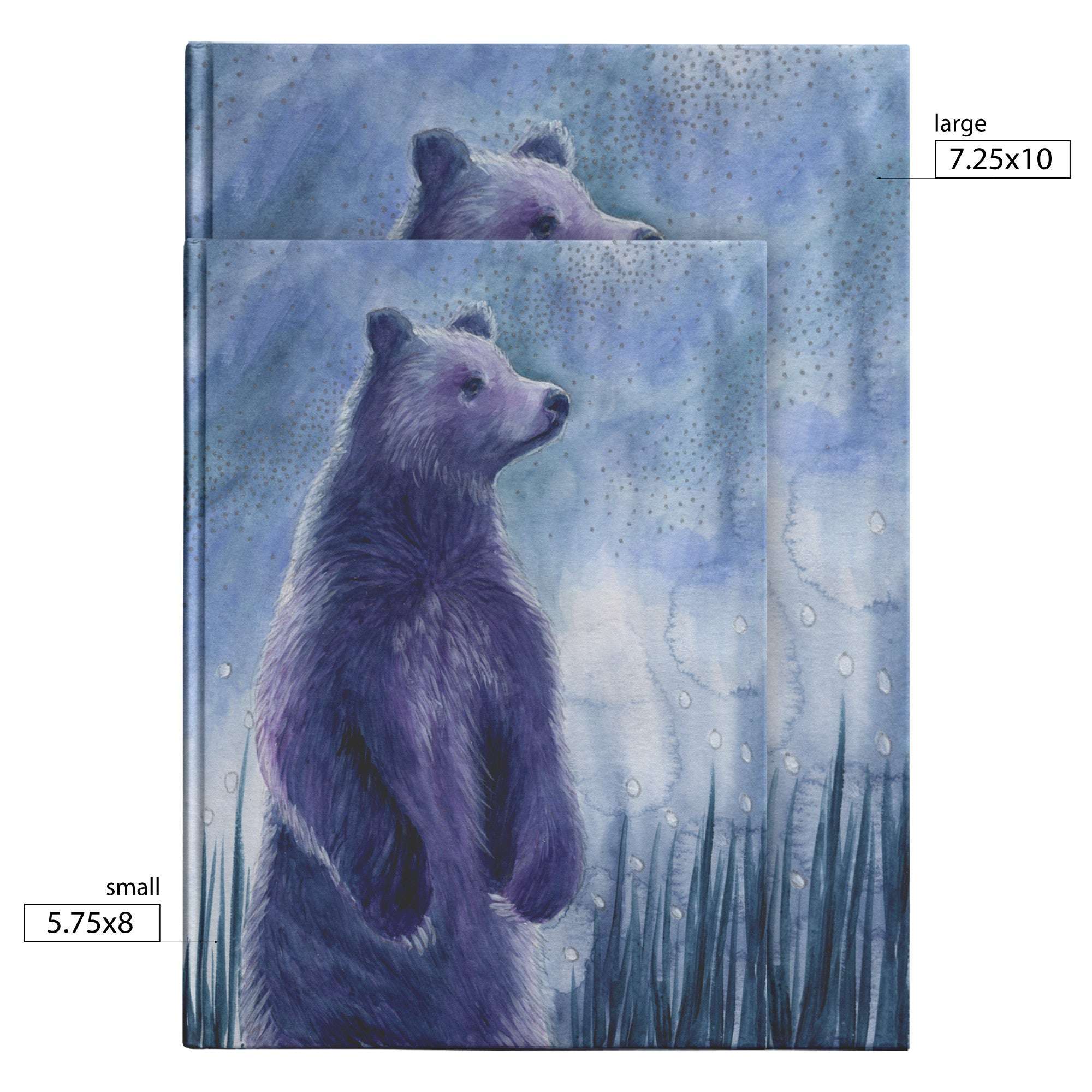 Two watercolor paintings of a standing bear in shades of blue, one large and one small, displayed with size dimensions.