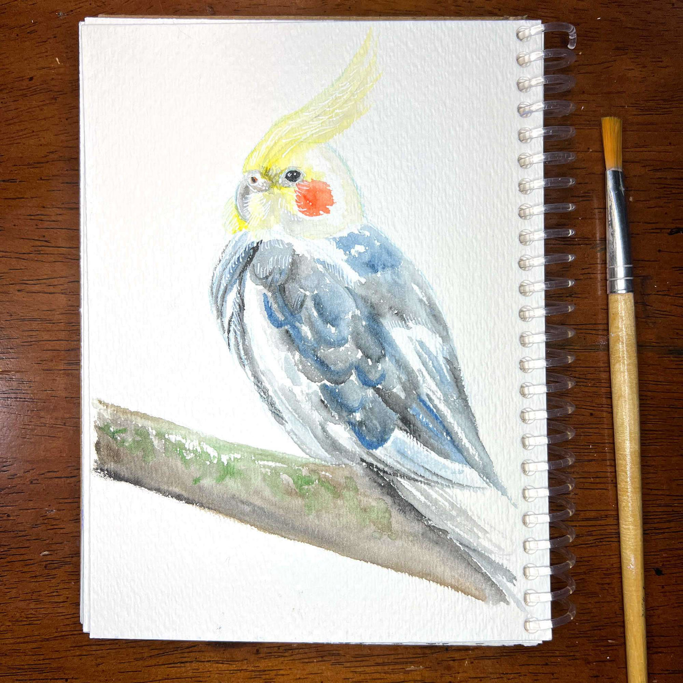 Cockatiel watercolor painting on a sketch pad with a brush beside it.