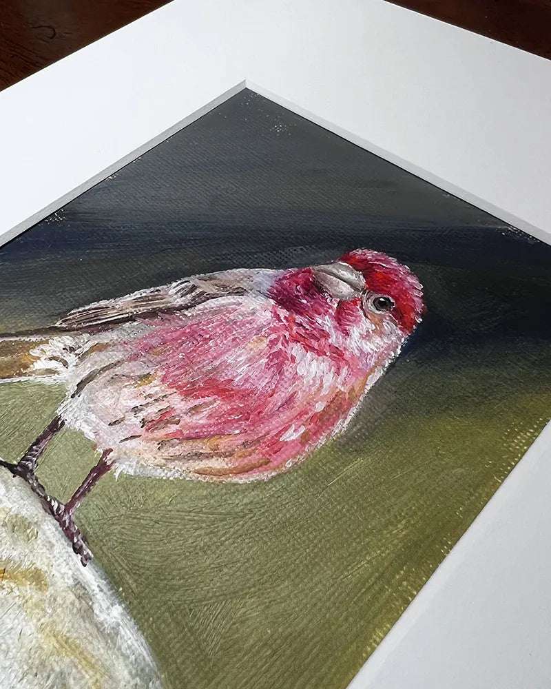 Close-up angle of a rosefinch oil painting with textured brush strokes.