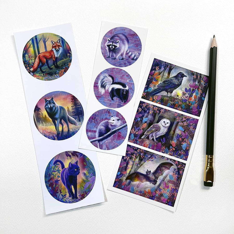 Sticker sheets with vibrant wildlife illustrations next to a black #2 pencil for size reference.