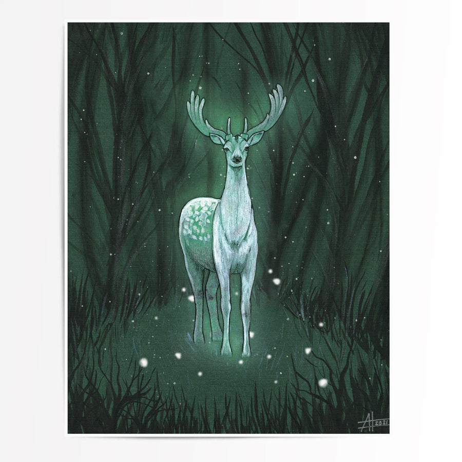 Ethereal art print of a white celestial deer spirit in a mystical green forest.