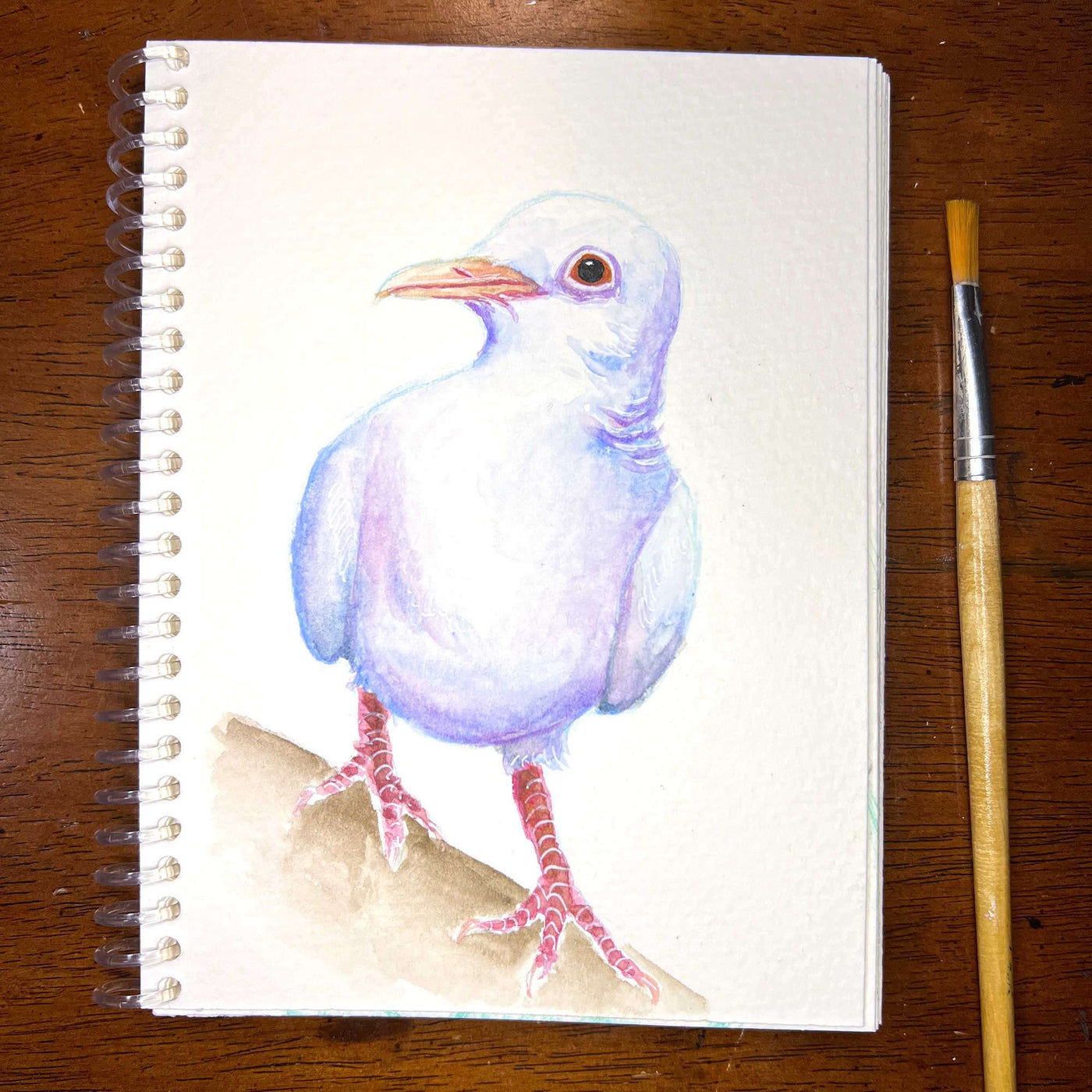 Watercolor painting sketch of a dove in blue tones with red feet, alongside a paintbrush.