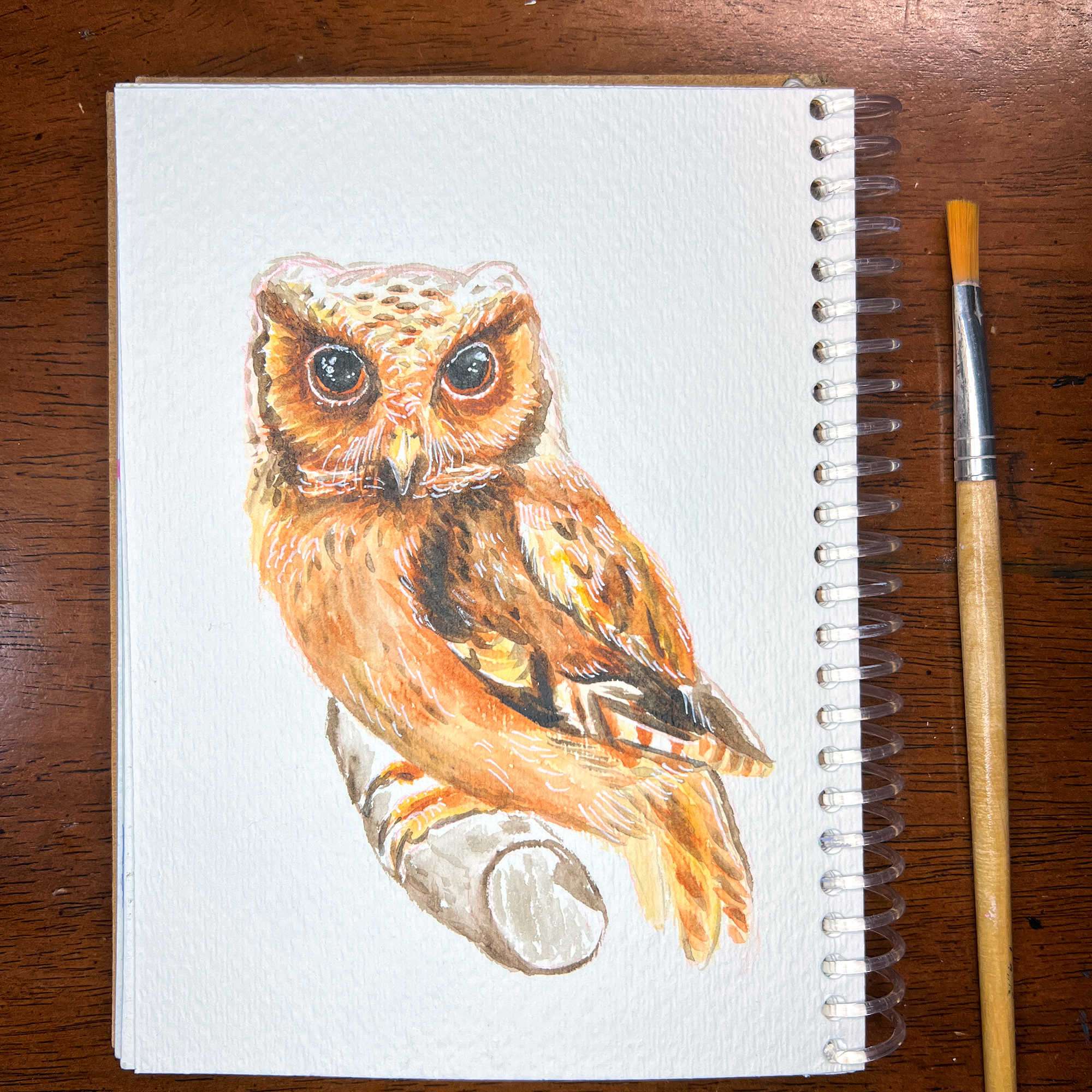 Watercolor painting of an owl in a sketchbook with a brush resting on the side.
