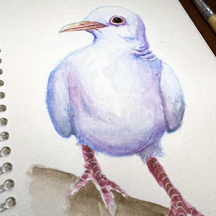 Close-up view of a watercolor dove painting showing the intricate detail of an dove's feathers and feet.