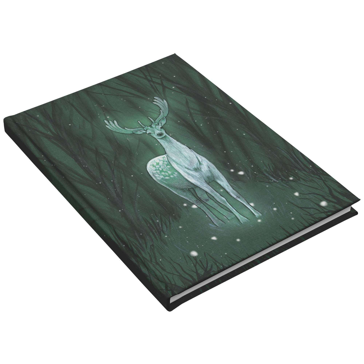 Illustration on the Enchanted Deer Journal cover featuring a mystical white deer with glowing spots, standing amidst a dark, green forest with falling snowflakes.