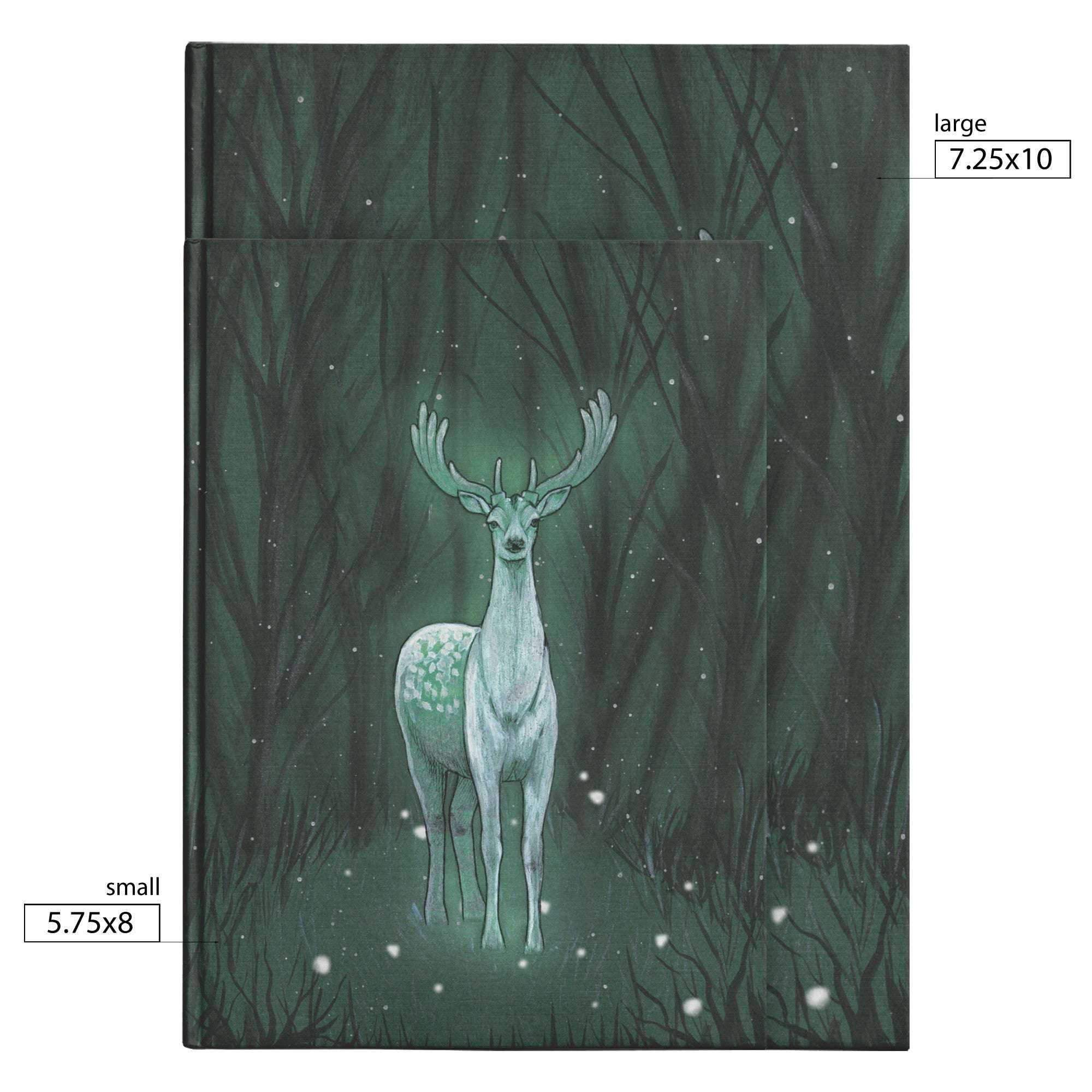 Enchanted Deer Journal with an illustration of a white deer standing in a snowy forest, available in two sizes: small (5.75x8) and large (7.25x10).