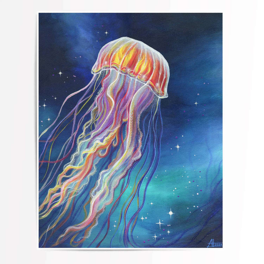 Jellyfish art print of a colorful jellyfish painting with a glowing body and trailing tentacles against a starry deep-sea backdrop.