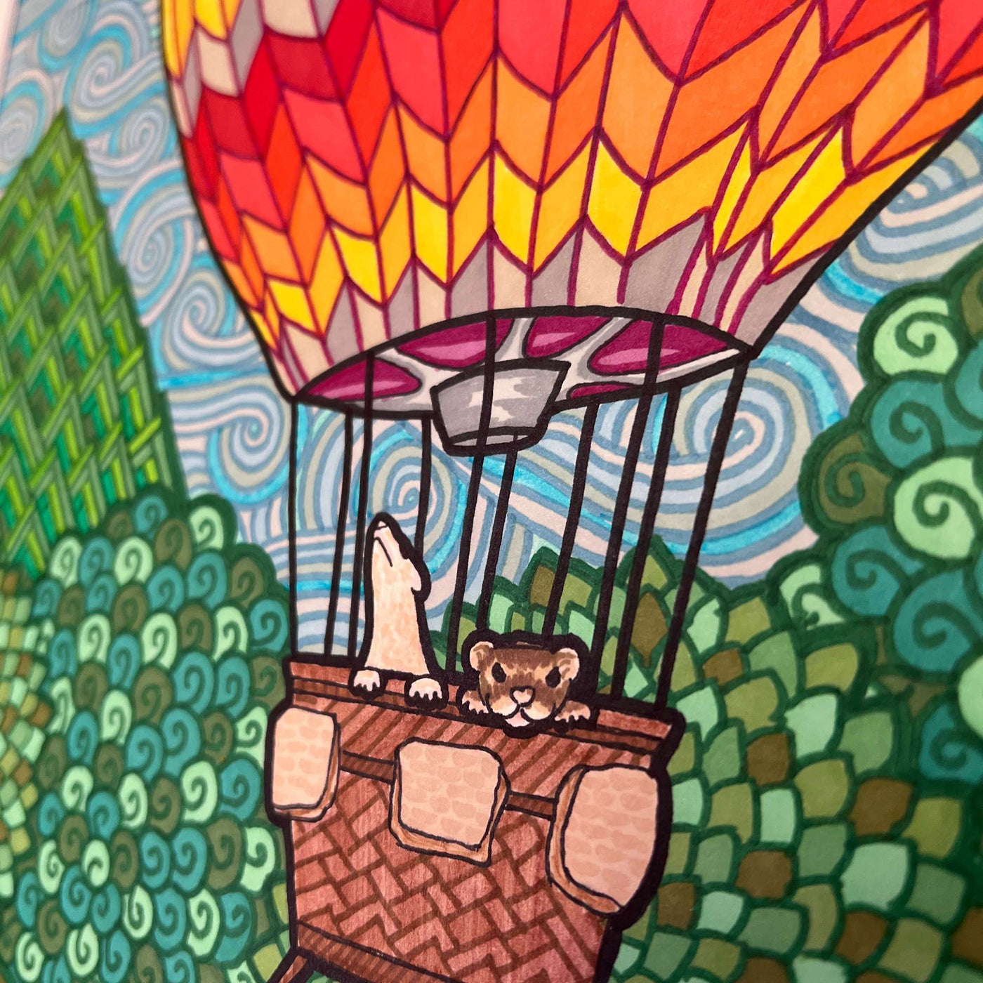 Vibrant close-up of an original marker illustration of ferrets enjoying a hot air balloon ride