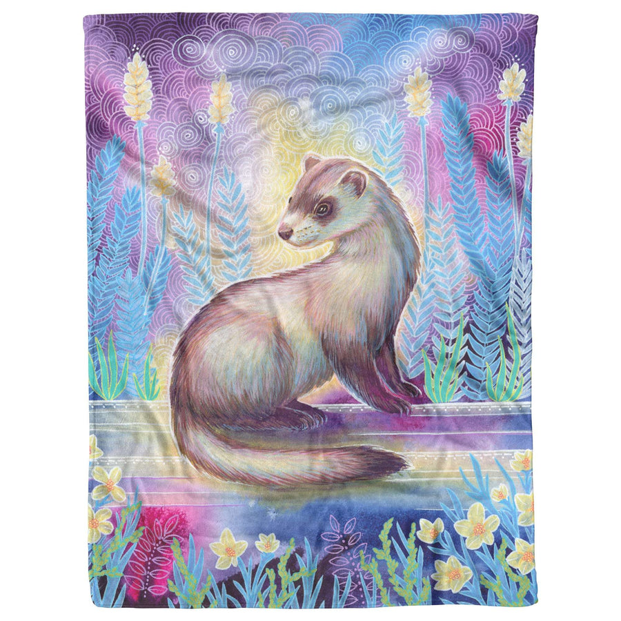 Ferret Blanket: Colorful illustration of a Ferret sitting surrounded by vibrant, whimsical flowers and ferns under a swirled, pastel sky.